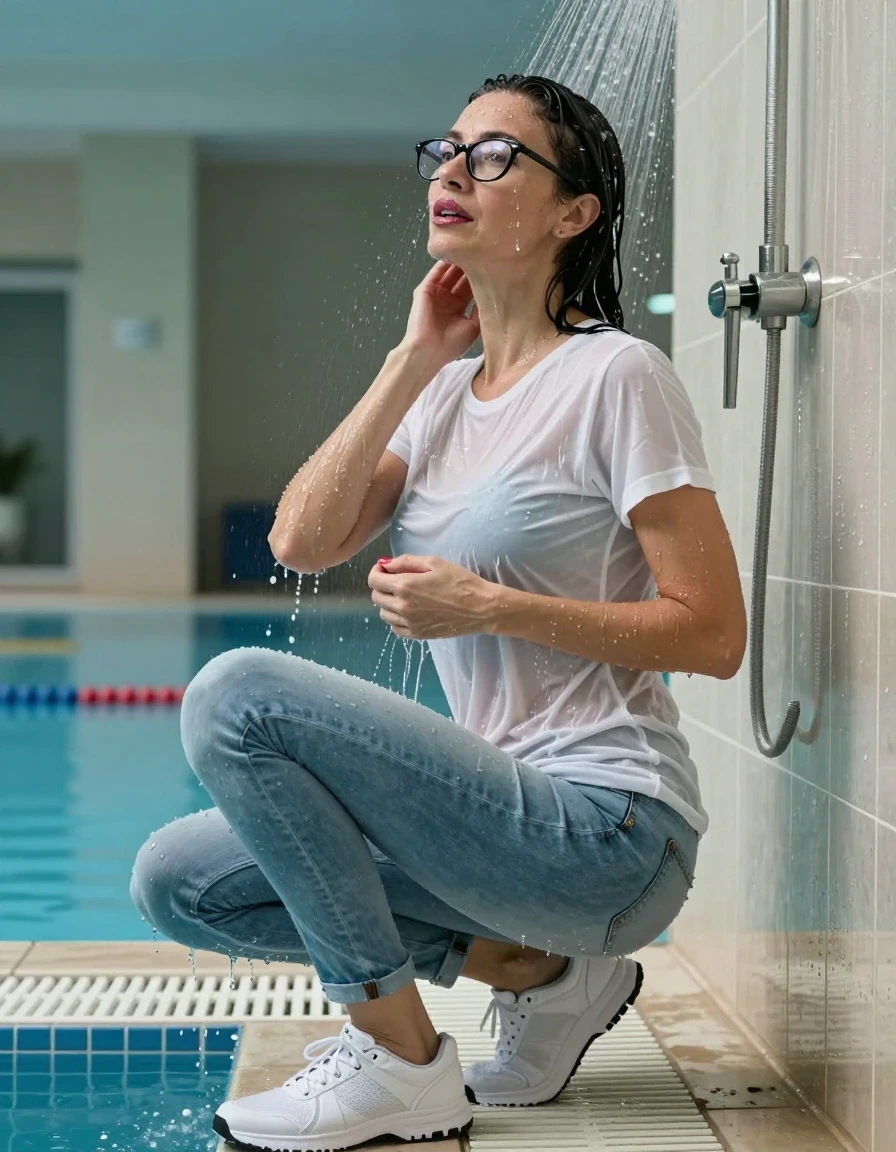 photo of young woman, in soaking wet, drenched clothes,
sport shoes, light blue jeans, white t-shirt, taking shower after swim in indoor swimming pool, enjoying wet clothes stuck body, enjoying, wet clothes stuck to body, 
enjoying, wet clothes stuck to body,
detailed textures of the wet clothes, wet face, wet plastered hair,
wet, drenched, professional, high-quality details, full body view.
sharp focus, ultra-high pixel detail, realistic, high-quality, full colors, incredibly detailed, 4k, 8k, 16k, hyper-realistic, RAW photo, masterpiece, ultra-detailed, professionally color graded, professional photograph, europen brunette skinny woman 50 years old, long dark black hair, very big and thick lips,  office glasses, complete body, wet skin, wet clothes, damp fabric, wet skin, wet clothes, damp fabric, wet skin, wet clothes, damp fabric, wet skin, wet clothes, damp fabric, wet skin, wet clothes, damp fabric