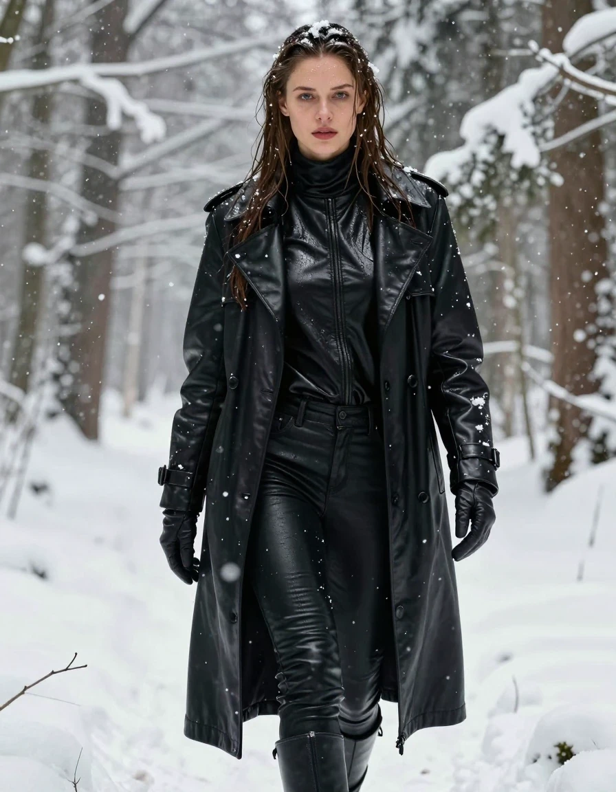 A photorealistic full-body shot of a young adult European woman with long, dripping wet brown hair, walking through a dense, snow-covered forest during a heavy snowfall. She is wearing an oversize black leather polar neck shirt, a heavy black leather trench coat, black leather gloves, and black leather jeans, with black leather knee-high boots. Her skin is visibly wet with a natural sheen, and her leather clothing is saturated, featuring deep water-darkened tones, heavy folds, and clinging textures with strong, glossy specular reflections from the melting snow. The atmosphere is cold and wintry, with thick snow coating the forest floor and clinging to her clothing and hair. High-detail cinematic lighting highlights the moisture on her skin and the texture of the wet leather. Professional photography, sharp focus, 8k resolution, realistic textures, no nudity, clean anatomy.
