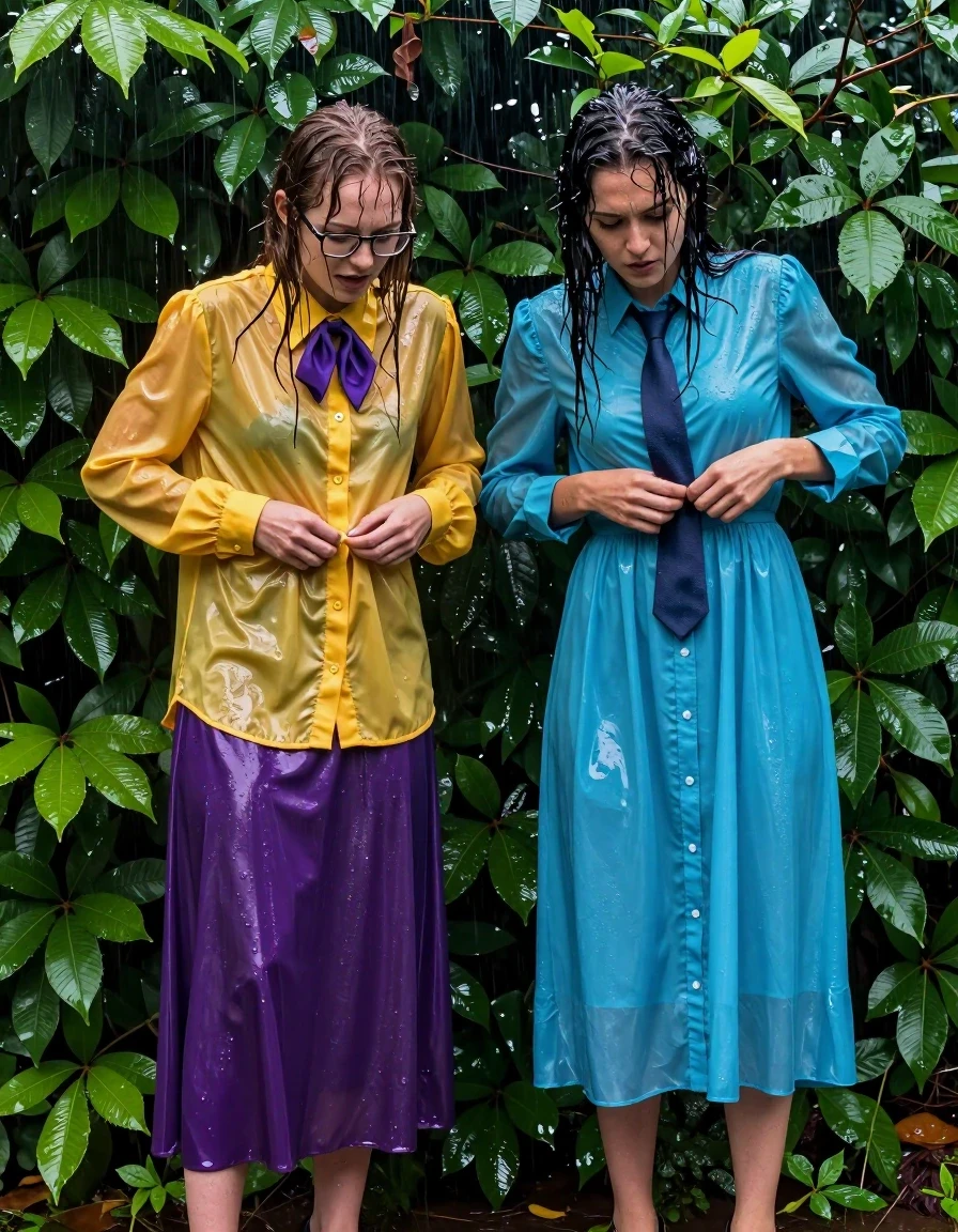 A hyper-realistic, wide-angle cinematic shot of two young adult European women, both nerdy teachers, hiding inside a lush, rain-drenched schoolyard bush. The first woman is wearing an oversized long-sleeved silk yellow buttoned-down blouse with a purple bowtie and glasses, paired with a satin purple maxi skirt and high heels. The second woman is wearing a long-sleeved nylon buttoned-down cyan maxi dress with a necktie and high heels. Both women are captured in a passionate, intense moment, frantically unbuttoning their damp, rain-soaked clothing. The silk and nylon fabrics are heavily saturated, clinging to their bodies with visible wetness, deep translucent color shifts, and glossy specular highlights from the rain. Their hair is plastered to their faces, and their skin has a realistic, glistening wet sheen. The scene is set amidst dense, dripping foliage, with rain falling visibly in the background. The lighting is moody and soft, emphasizing the texture of the soaked garments, the folds in the fabric, and the intense expressions on their faces. High-detail photographic quality, 8k resolution, sharp focus on the subjects, realistic fabric physics, and wet-look textures.