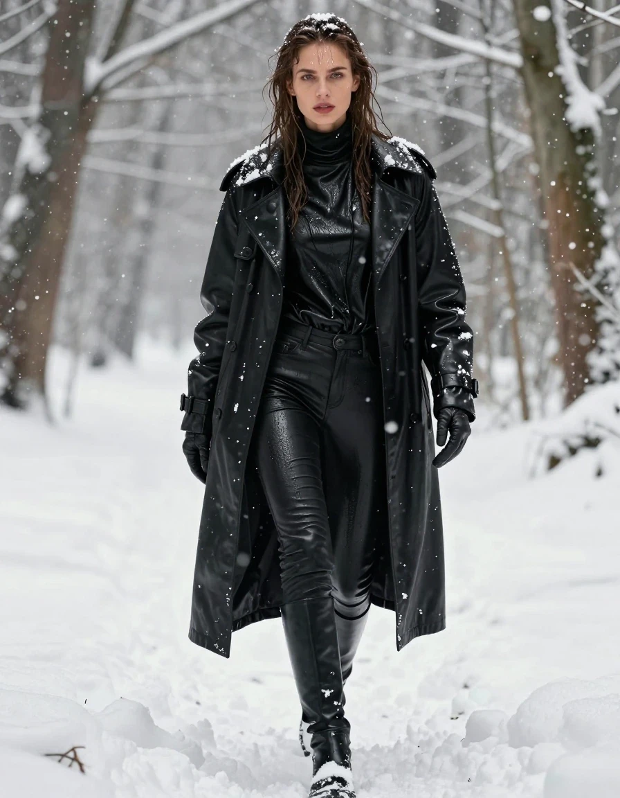 A photorealistic full-body shot of a young adult European woman with long, dripping wet brown hair and glistening wet skin, walking through a dense snow-covered forest during heavy snowfall. She is wearing an oversized black leather polar neck shirt, black leather jeans that are visibly damp and clinging to her legs, a long black leather trench coat saturated with melting snow, and black leather gloves on both hands. She wears black leather knee-high boots that are caked in snow. The clothing features heavy wet folds, water sheen, and darkened textures from the moisture. The atmosphere is freezing and wintry, with snow layering on her shoulders and clothing. High-contrast cinematic lighting, sharp focus on the textures of the wet leather and falling snowflakes, 8k resolution, highly detailed, realistic skin pores, no nudity, professional photography.