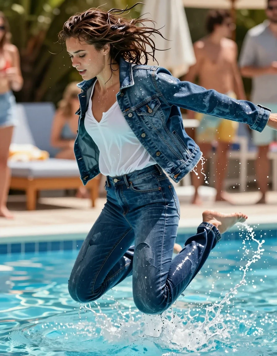 A cinematic high-speed action shot of a young adult European woman mid-air, captured in the split second before she crashes into a vibrant pool party. She is jumping into the water fully clothed. Her hair is completely drenched, matted, and slicked back, with water dripping heavily, explicitly avoiding any dry areas. She wears a white blouse underneath a denim jacket, and soaking-wet blue denim jeans, water-saturated heavyweight denim, blue changed to deep navy and indigo, substantially darker unevenly soaked patches, absorbed water, heavy wet folds, visible weave and stitching, and strong glossy specular reflections on the raised weave, seams, and creases. Her skin is glistening with a heavy water sheen and droplets. The scene is set at a sunlit outdoor pool, with water splashing dynamically around her. The lighting is bright and summery, highlighting the heavy, clinging texture of the saturated fabrics and the brilliant reflections on the wet surfaces. Photorealistic, 8k, high shutter speed, sharp focus on the wet fabric textures and facial expression.