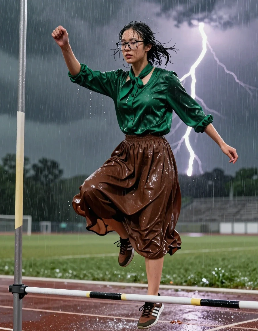 A high-action, photorealistic shot of a young adult European woman in the midst of pole jumping over a bar on an athletic field during a torrential thunderstorm. She is wearing an oversized long-sleeved silk green blouse with a bowtie and glasses, paired with a maxi brown skirt layered over a petticoat, and athletic running shoes. The entire outfit is soaking wet, with the silk blouse clinging to her skin, showing deep, saturated emerald tones and heavy, wet folds, while the brown maxi skirt is heavy, water-logged, and plastered against her legs by the driving rain. Her skin and hair are drenched, glistening with water sheen, and her glasses are streaked with rain. The atmosphere is dark and moody with heavy rain, dramatic lightning illuminating the scene, and water pooling on the athletic track surface. The shot is captured with a high-speed shutter to freeze the motion of the jump, showing dynamic movement, water spray, and realistic wet fabric physics, cinematic lighting, 8k resolution, sharp focus on the subject, extreme detail on wet textures.