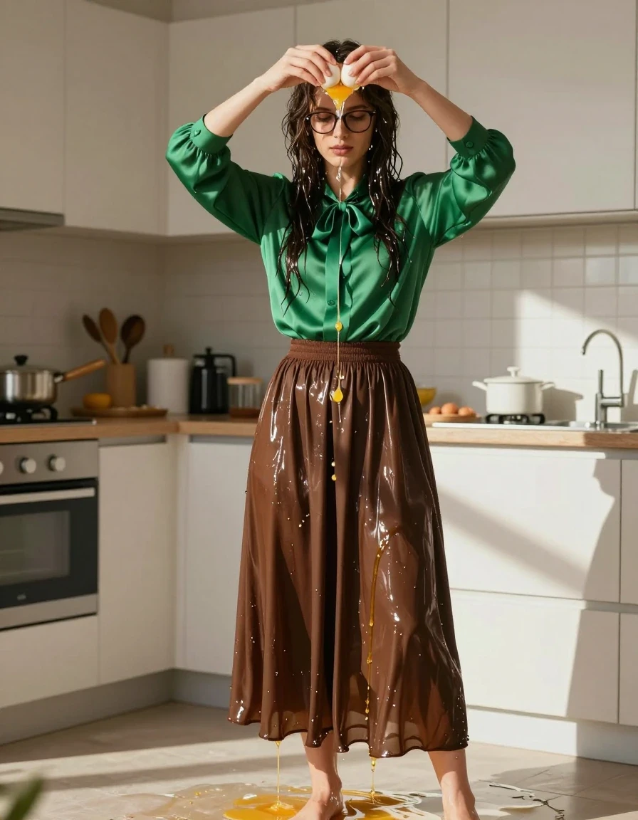 A photorealistic medium shot of a young adult European woman in a sunlit kitchen, wearing a long-sleeved silk green blouse with a bowtie and glasses, paired with a maxi brown skirt layered over a petticoat. She is barefoot, standing in the kitchen while actively cracking raw eggs directly onto her hair. The silk blouse and the brown maxi skirt are completely soaked in raw egg, with the fabric appearing heavy, clinging to her skin, and displaying deep, saturated color shifts and glossy, viscous wet textures. The egg mixture drips down the fabric in thick, translucent streaks, creating visible weight and wet folds. The woman has a focused expression. The kitchen environment is detailed with natural morning light, emphasizing the sheen on her wet hair and the saturated, darkened patches of her soaked clothing. High-resolution, sharp focus, cinematic lighting, realistic skin textures, authentic fabric physics.