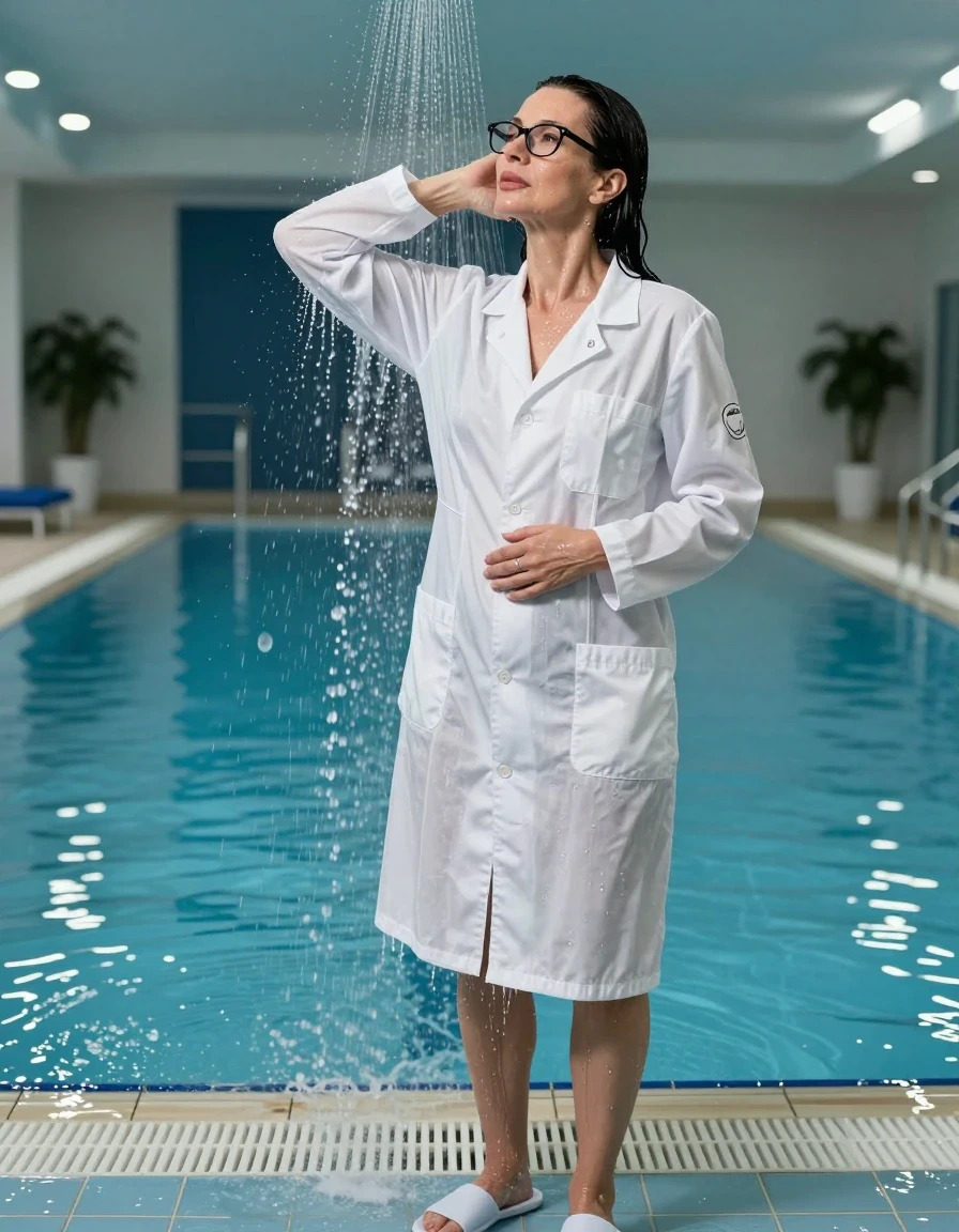 photo of young woman, in soaking wet, drenched clothes,
slippers, , maxi white labcoat with long sleeves, taking shower after swim in indoor swimming pool, enjoying wet clothes stuck body, enjoying, wet clothes stuck to body, 
enjoying, wet clothes stuck to body,
detailed textures of the wet clothes, wet face, wet plastered hair,
wet, drenched, professional, high-quality details, full body view.
sharp focus, ultra-high pixel detail, realistic, high-quality, full colors, incredibly detailed, 4k, 8k, 16k, hyper-realistic, RAW photo, masterpiece, ultra-detailed, professionally color graded, professional photograph, europen brunette skinny woman 50 years old, long dark black hair, very big and thick lips,  office glasses, complete body, wet skin, wet clothes, damp fabric, wet skin, wet clothes, damp fabric, wet skin, wet clothes, damp fabric, wet skin, wet clothes, damp fabric, wet skin, wet clothes, damp fabric