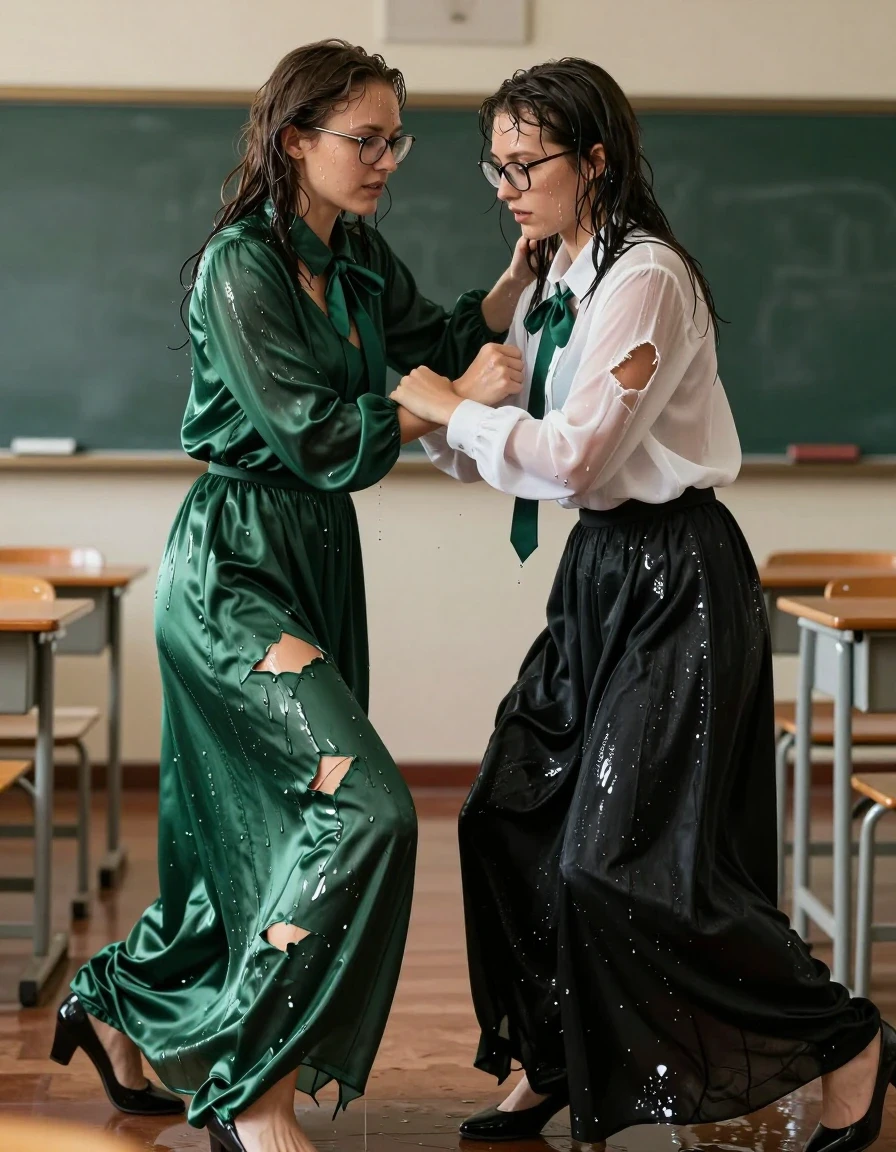 A photorealistic, high-detail scene in an empty, sunlit classroom. Two young adult European women, both dressed in oversized long-sleeved silk green maxi dresses with elegant bowties and wearing glasses, are erotically wrestling with a third woman who is wearing a long-sleeved white blouse and a long black skirt. The clothing of all three women is torn, disheveled, and clinging to their bodies. Every garment is visibly soaking wet, with the silk fabrics darkened, heavy with water, and clinging to their curves, displaying deep saturated green and translucent white tones with realistic wet-sheen highlights and heavy, liquid-drenched folds. The women have wet, matted hair and skin glistening with moisture. The scene captures the intensity of the struggle, with the women wearing heels, caught in a dynamic, close-quarters grappling pose. The lighting is cinematic, highlighting the wet textures, the torn fabric, and the contrast between the dark, soaked silk and the white blouse. Sharp focus, 8k resolution, detailed skin texture, realistic wet-fabric physics.