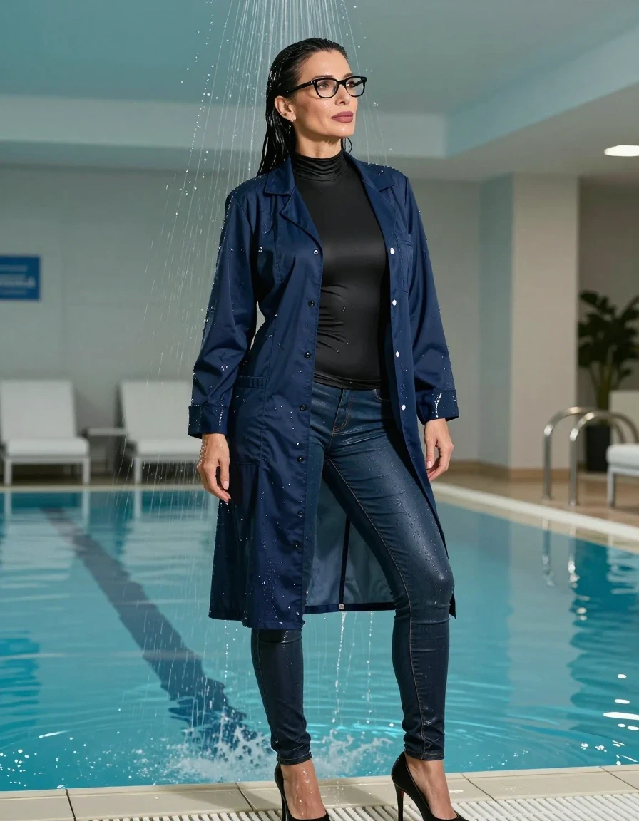 photo of young woman, in soaking wet, drenched clothes,
high-heeled butts, long tight shiny jeans, maxi high-neck black t-shirt dress, maxi dark blue labcoat with long sleeves, under shower indoor swimming pool, enjoying wet clothes stuck body, enjoying, wet clothes stuck to body, 
enjoying, wet clothes stuck to body,
detailed textures of the wet clothes, wet face, wet plastered hair,
wet, drenched, professional, high-quality details, full body view.
sharp focus, ultra-high pixel detail, realistic, high-quality, full colors, incredibly detailed, 4k, 8k, 16k, hyper-realistic, RAW photo, masterpiece, ultra-detailed, professionally color graded, professional photograph, europen brunette skinny woman 50 years old, long dark black hair, very big and thick lips,  office glasses, complete body, wet skin, wet clothes, damp fabric, wet skin, wet clothes, damp fabric, wet skin, wet clothes, damp fabric, wet skin, wet clothes, damp fabric, wet skin, wet clothes, damp fabric