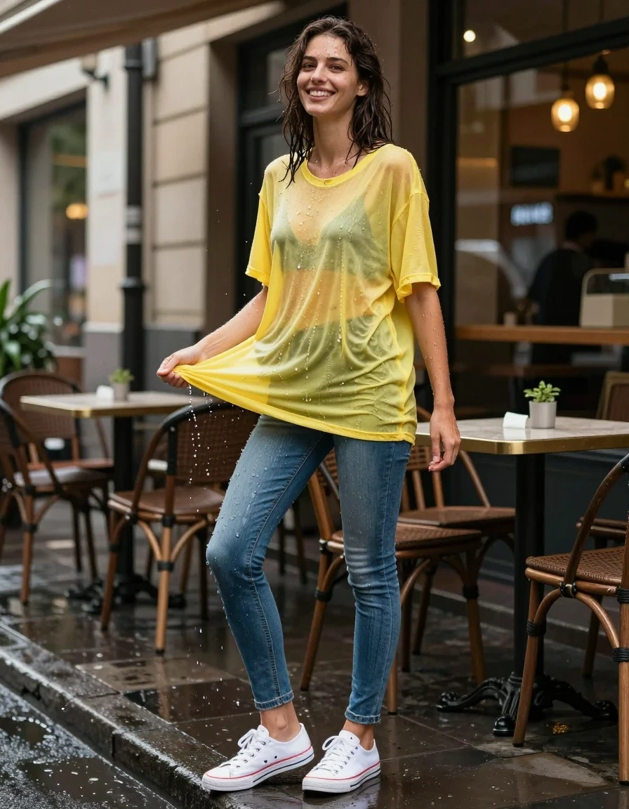 photo of young woman, in soaking wet, drenched clothes,
white canvas sneakers soaked with puddles, faded denim blue skinny jeans saturated and clinging, oversized lemon yellow cotton t-shirt drenched and sheer, outdoor cafe frontage on a rain-slicked city street, 
enjoying, wet clothes stuck to body,
detailed textures of the wet clothes, wet face, wet plastered hair,
wet, drenched, professional, high-quality details, full body view.
sharp focus, ultra-high pixel detail, realistic, high-quality, full colors, incredibly detailed, 4k, 8k, 16k, hyper-realistic, RAW photo, masterpiece, ultra-detailed, professionally color graded, professional photograph, woman laughing while wringing out the hem of her wet shirt, photorealistic lifestyle photography, rich natural colors, bright exposure, soft shadows, cinematic editorial fashion style, medium full-body shot from a low angle., wet skin, wet clothes, damp fabric