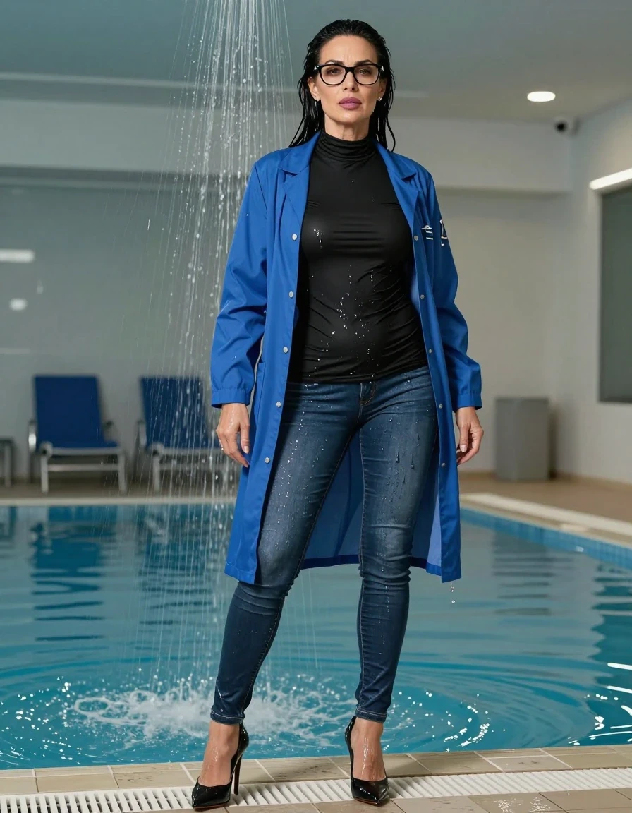 photo of young woman, in soaking wet, drenched clothes,
high-heeled butts, long tight shiny jeans, maxi high-neck black t-shirt dress, maxi blue labcoat with long sleeves, under shower indoor swimming pool, enjoying wet clothes stuck body, enjoying, wet clothes stuck to body, 
enjoying, wet clothes stuck to body,
detailed textures of the wet clothes, wet face, wet plastered hair,
wet, drenched, professional, high-quality details, full body view.
sharp focus, ultra-high pixel detail, realistic, high-quality, full colors, incredibly detailed, 4k, 8k, 16k, hyper-realistic, RAW photo, masterpiece, ultra-detailed, professionally color graded, professional photograph, europen brunette skinny woman 50 years old, long dark black hair, very big and thick lips,  office glasses, complete body, wet skin, wet clothes, damp fabric, wet skin, wet clothes, damp fabric, wet skin, wet clothes, damp fabric, wet skin, wet clothes, damp fabric, wet skin, wet clothes, damp fabric