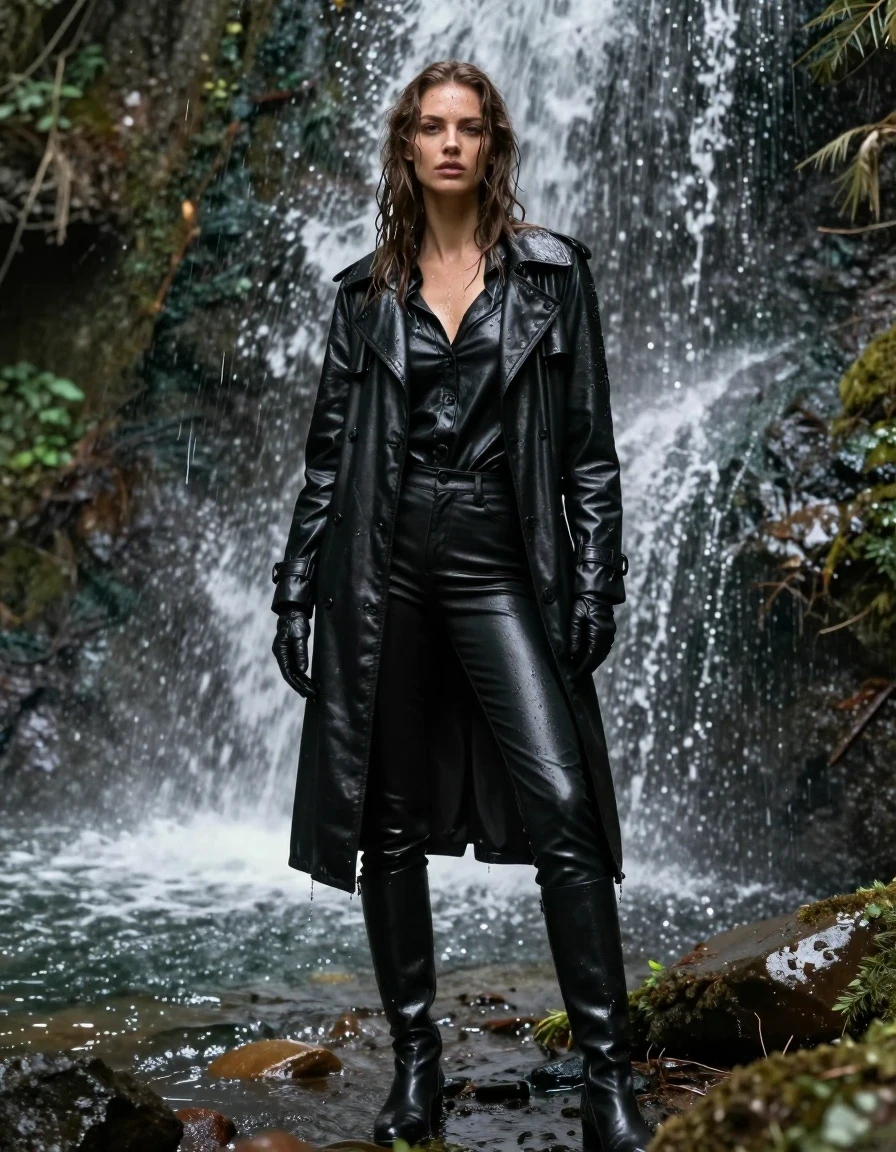 A photorealistic full-body shot of a young adult European woman with long, dripping wet brown hair, standing directly under a powerful forest waterfall. Her skin is glistening with water, and she is wearing a drenched, oversize black leather polar neck shirt, black leather gloves on both hands, a heavy black leather trench coat, and black leather jeans that cling to her legs, finished with black leather knee-high boots. The leather garments are heavily saturated, showing deep tones, water sheen, and realistic weight with heavy folds and clinging textures. She is standing in the middle of the forest stream, completely drenched, with water cascading over her and dripping from her hair and clothing. The scene is captured in high-detail, emphasizing the texture of the wet leather, the natural forest environment, and the glistening water droplets on her skin and fabric. Soft natural light filters through the trees, creating strong glossy specular reflections on the wet surfaces. High resolution, cinematic lighting, sharp focus, professional photography, no nudity.