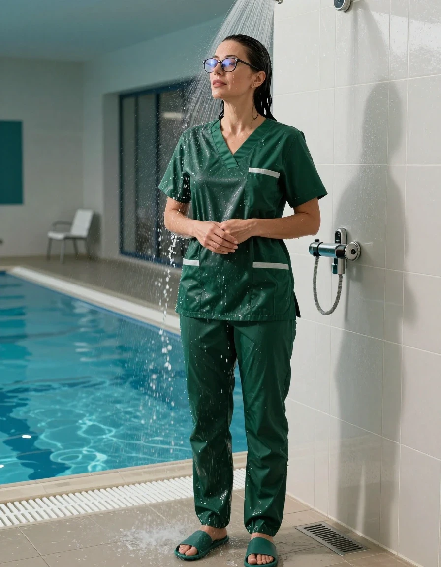 photo of young woman, in soaking wet, drenched clothes,
slippers, dark green scrubs, dark green scrubs , taking shower after swim in indoor swimming pool, enjoying wet clothes stuck body, enjoying, wet clothes stuck to body, 
enjoying, wet clothes stuck to body,
detailed textures of the wet clothes, wet face, wet plastered hair,
wet, drenched, professional, high-quality details, full body view.
sharp focus, ultra-high pixel detail, realistic, high-quality, full colors, incredibly detailed, 4k, 8k, 16k, hyper-realistic, RAW photo, masterpiece, ultra-detailed, professionally color graded, professional photograph, europen brunette skinny woman 50 years old, long dark black hair, very big and thick lips,  office glasses, complete body, wet skin, wet clothes, damp fabric, wet skin, wet clothes, damp fabric, wet skin, wet clothes, damp fabric, wet skin, wet clothes, damp fabric, wet skin, wet clothes, damp fabric