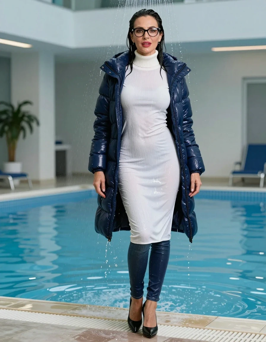 photo of young woman, in soaking wet, drenched clothes,
high-heeled shoes, long tight shiny jeans, maxi high-neck white sweater dress, maxi dark blue down jacket, under shower indoor swimming pool, enjoying wet clothes stuck body, enjoying, wet clothes stuck to body, 
enjoying, wet clothes stuck to body,
detailed textures of the wet clothes, wet face, wet plastered hair,
wet, drenched, professional, high-quality details, full body view.
sharp focus, ultra-high pixel detail, realistic, high-quality, full colors, incredibly detailed, 4k, 8k, 16k, hyper-realistic, RAW photo, masterpiece, ultra-detailed, professionally color graded, professional photograph, europen brunette skinny woman 50 years old, long dark black hair, very big and thick lips,  office glasses, complete body, wet skin, wet clothes, damp fabric, wet skin, wet clothes, damp fabric, wet skin, wet clothes, damp fabric, wet skin, wet clothes, damp fabric, wet skin, wet clothes, damp fabric