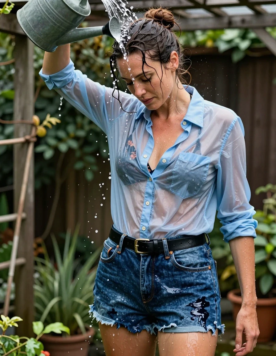 A photorealistic medium shot of a 30-year-old European woman with brunette hair styled in a messy bun that is completely drenched, slicked down, and dripping with water. She is wearing a light blue button-down shirt that is translucent and clingy from being soaked, revealing a black floral bikini top underneath. She wears denim shorts with a black leather belt; the shorts are soaking-wet blue denim, water-saturated heavyweight denim, blue changed to deep navy and indigo, substantially darker unevenly soaked patches, absorbed water, heavy wet folds, visible weave and stitching, and strong glossy specular reflections on the raised weave, seams, and creases. She is also wearing cloth strap sandals. The woman is in a backyard garden trellis, captured in the middle of an accident where she intended to water a hanging plant with a watering can, but has tipped it directly over her own head, causing water to cascade over her face and clothes. High-detail wet skin, realistic water sheen, clinging fabric, cinematic lighting, 8k resolution, highly detailed textures, sharp focus, natural garden environment.