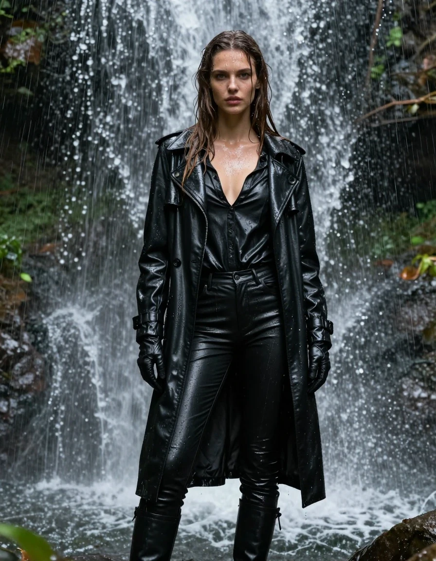 A stunning, photorealistic portrait of a young adult European woman with long, dripping wet brown hair, standing directly under a powerful forest waterfall. Her skin is glistening with water, and she is fully drenched, wearing an oversize black leather polar neck shirt, black leather jeans that are heavy and saturated with water, and a long black leather trench coat. She wears black leather gloves on both hands and black leather knee-high boots. The leather garments are clinging to her body, exhibiting deep, rich textures, heavy wet folds, and intense, glossy specular reflections from the cascading water. The water flows over her, creating a constant sheen on her skin and fabric. The environment is a lush, vibrant forest setting with mist and spray. The composition is a cinematic medium-full shot capturing the intensity of the downpour. High-resolution, sharp focus, 8k, realistic lighting, dramatic water droplets, professional photography, no nudity, fully clothed, modest attire.