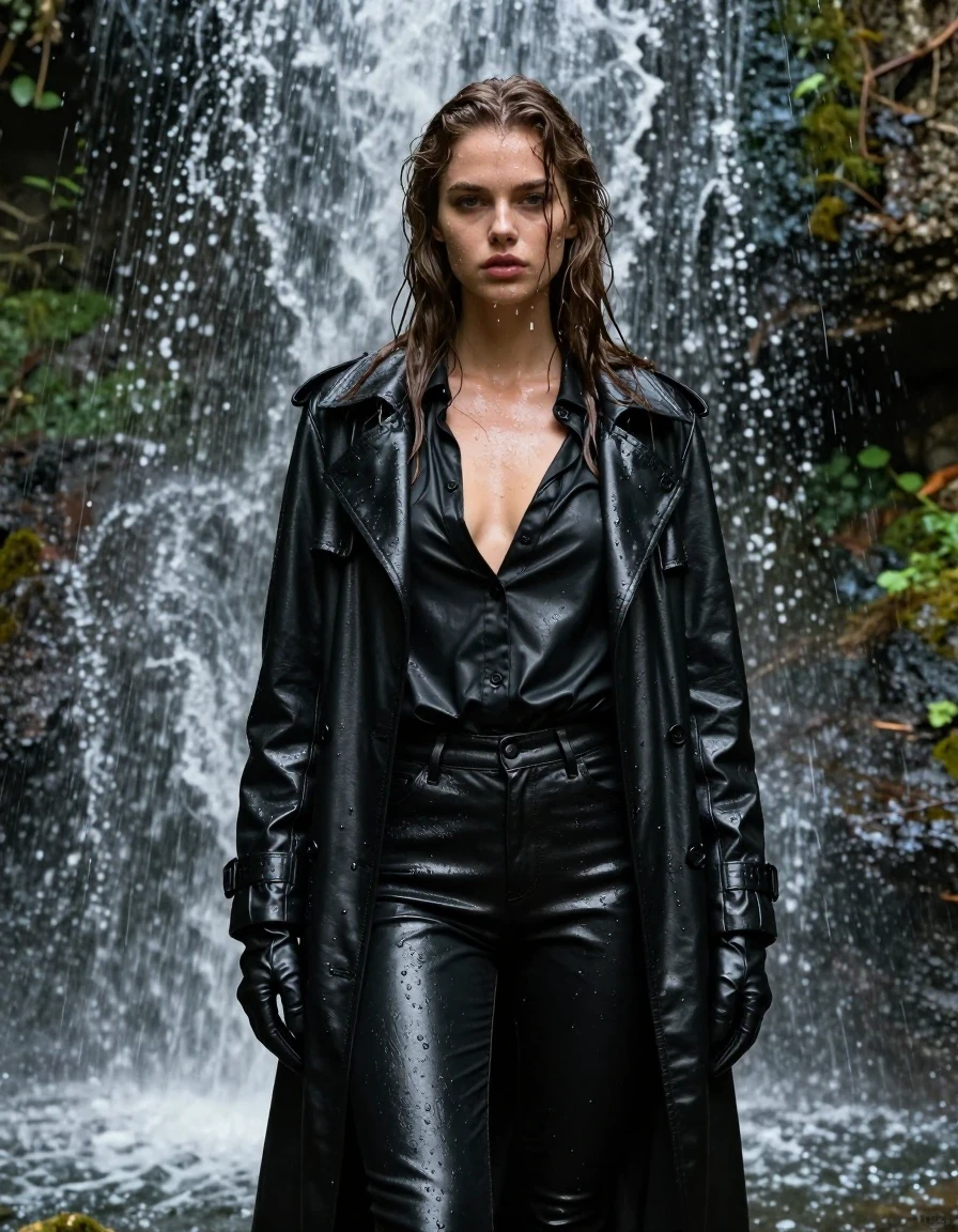 A stunning young adult European woman with long, dripping wet brown hair, standing directly under a powerful forest waterfall. Her skin is glistening with water droplets and a realistic wet sheen. She is wearing an oversized black leather polar neck shirt, black leather jeans that are heavy with water, black leather gloves on both hands, and a long black leather trench coat that is drenched and clinging to her frame. The leather garments display a high-gloss wetlook texture with water cascading over the surface, showing deep dark tones and sharp specular highlights on the folds and creases. She is posing confidently under the rushing water, with water streaming down her face and clothing. The setting is a lush, vibrant forest with natural rock formations and dense foliage in the background. Photorealistic, 8k resolution, cinematic lighting, shot on 35mm lens, sharp focus, capturing every detail of the water texture and the saturated, soaked material, high contrast, professional photography, fully clothed, modest attire.