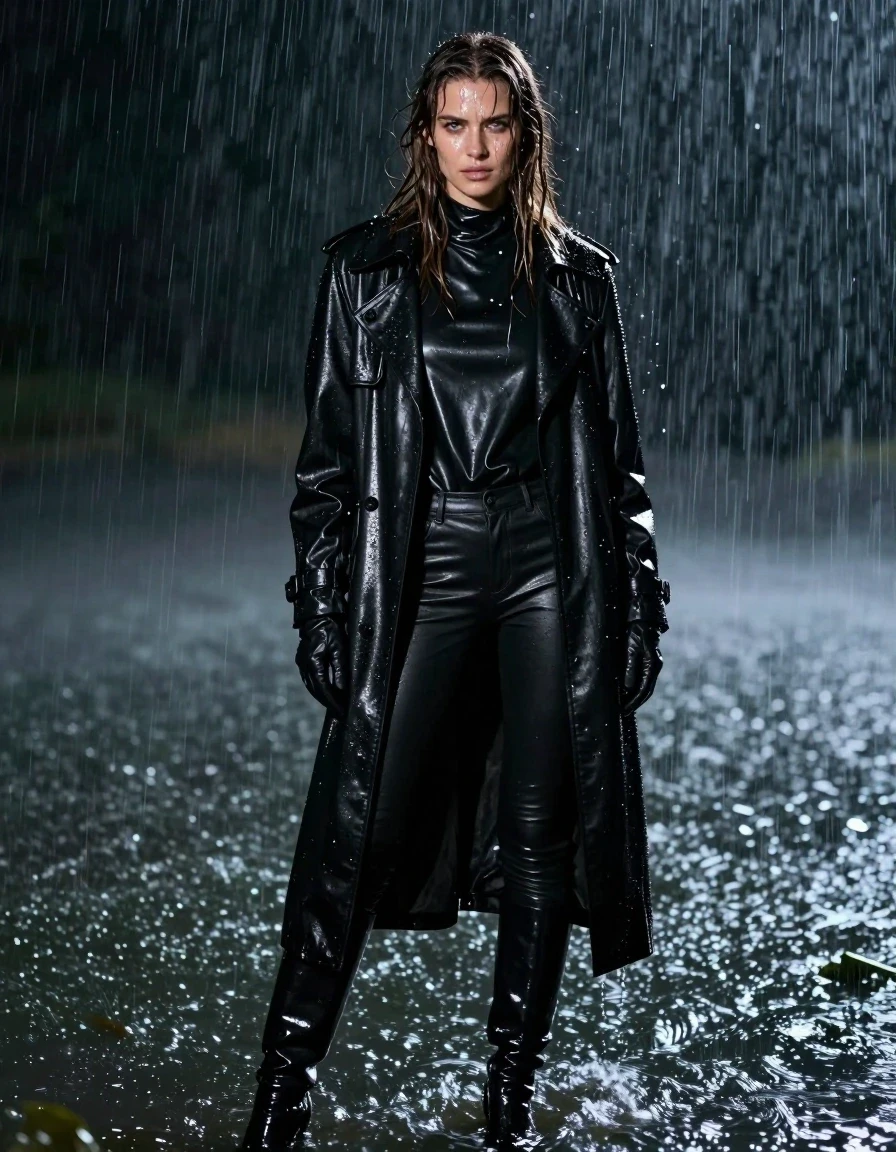 A stunning, photorealistic full-body portrait of a young adult European woman with long, dripping wet brown hair, her skin glistening with heavy rain and water sheen. She is wearing an oversized black leather polar neck shirt, a long black leather trench coat, and black leather gloves, paired with tight-fitting black leather jeans and black leather knee-high boots. The leather garments are heavily drenched, showing deep, dark saturation, heavy wet folds, and intense specular reflections of moonlight on the slick, water-slicked surfaces. She is standing waist-deep in a dark, rippling lake at night during a torrential downpour, with water cascading off her clothes and hair. The scene is captured with high-contrast cinematic lighting, emphasizing the texture of the soaking wet fabric, the weight of the water-logged clothing, and the atmospheric mist of the heavy rain. Extremely detailed, sharp focus, 8k resolution, professional photography, realistic water physics, no nudity, fully clothed.