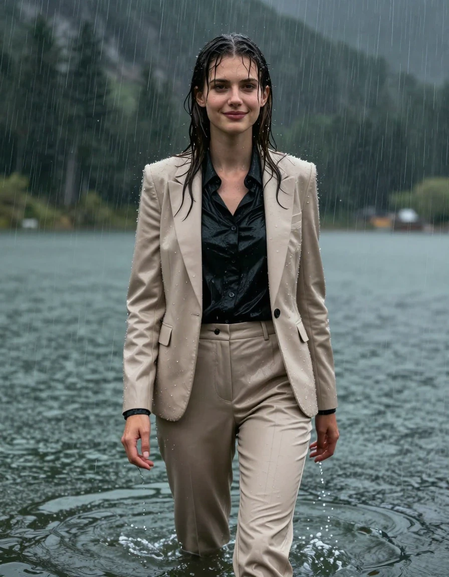 Full body shot of a young European woman with a long layered haircut and a side parting, standing in the deep water of a mountain lake during a torrential rainstorm. She is fully clothed in a beige business suit, consisting of a tailored beige suit jacket worn over a black button-down long-sleeve shirt and matching beige business suit trousers. The clothing is completely soaked, drenched, and heavy with water, with the fabric clinging tightly to her body and the black shirt becoming translucent from the saturation. Her skin is wet with a glistening sheen, and her hair is plastered down by the heavy rain. She has an open-eyed, subtle, gentle smile. The atmosphere is dark and stormy, with visible rain streaks and heavy water spray. The lighting is moody and natural, highlighting the glossy, damp texture of her skin and the darkened, saturated tones of the wet business attire. 4k resolution, hyper-realistic, high contrast, cinematic photography.
