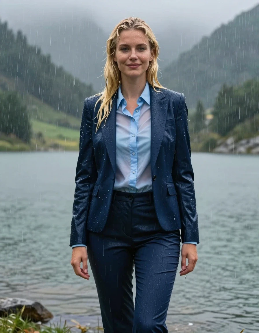 A full-body photorealistic shot of a young European woman with blonde hair in a long layered cut with a side parting, standing in a mountain lake during a heavy rainstorm. She is fully clothed in a dark blue business suit jacket over a light blue button-down long-sleeve shirt, and dark blue business suit trousers. The clothing is completely soaked and drenched, with the fabric heavy, damp, and clinging tightly to her body; the light blue shirt is translucent from the saturation. Her skin and hair are glistening with water, reflecting the ambient light. She has open eyes and a gentle smile. The environment is a dramatic mountain lake under a storm, with heavy rain showering down, creating a misty atmosphere. High-resolution 4k, cinematic lighting, hyper-realistic wet texture, visible water sheen on skin and fabric, realistic folds and creases in the saturated business attire.