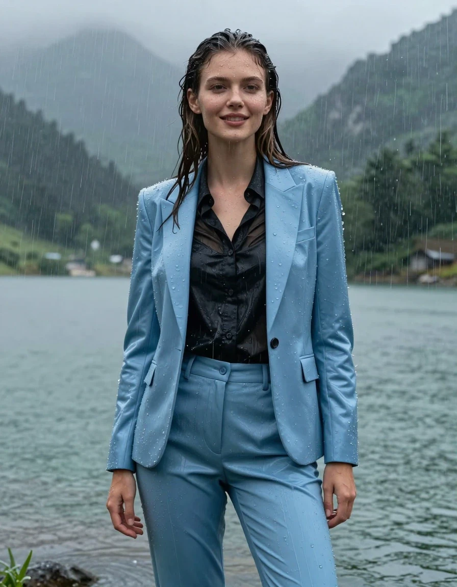 Full body shot of a young European woman with a long layered haircut and a side parting, standing in the deep water of a mountain lake during a heavy rainstorm. She is wearing a light blue business suit jacket over a black button-down long-sleeve shirt and matching light blue business suit trousers. The clothing is completely soaked, fully drenched, and heavy with water, with the fabric clinging tightly to her body and the shirt becoming translucent due to the saturation. Her skin is wet with a natural sheen, and her hair is plastered to her head from the downpour. She has an open-eyed expression with a slight, gentle smile. The environment features a dramatic mountain lake landscape under torrential rain, with visible water droplets and a moody atmosphere. High-resolution 4k photography, sharp focus on the damp fabric textures, realistic wet skin, deep saturation in the soaked garments, cinematic lighting, hyper-realistic wetlook aesthetics.