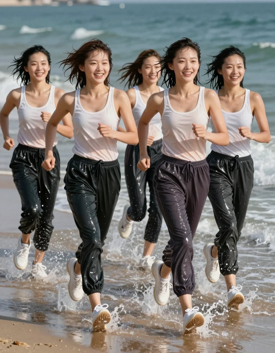 A high-resolution, photorealistic action shot of four beautiful young European women jogging along a sun-drenched beach, running directly through the shallow ocean waves. They are wearing 80s-style long jogging pants and light-colored tops, paired with crisp white sneakers. The clothing is visibly soaked and clinging to their bodies, with the fabric darkened and heavy from the seawater, exhibiting realistic wet textures, deep folds, and water-saturated patches. The women have wet, glistening skin and damp, tousled hair, with expressions of pure joy and excitement as they revel in getting drenched. The scene captures the spray of the ocean, water splashing around their ankles and calves, and strong glossy specular reflections on their wet clothes and skin. Cinematic lighting, bright natural daylight, crisp focus on the subjects, vibrant colors, captured with a professional DSLR camera at high shutter speed to freeze the motion of the waves and water droplets.