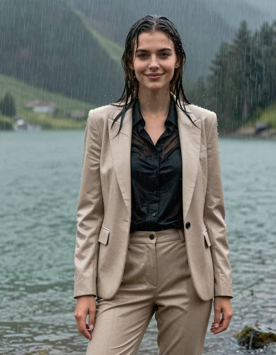 A young European woman with a long layered cut and side-parted hair, standing in a mountain lake during a heavy rainstorm. She is wearing a beige business suit jacket over a black button-down long-sleeve shirt and beige business suit trousers. The clothing is completely soaked, fully drenched, and heavy with water, with the damp fabric clinging tightly to her body and the black shirt becoming translucent. Her skin is glistening with rain and water sheen, and her hair is wet and plastered against her head. She is smiling softly with open eyes, looking directly at the camera. The scene is set in deep water at a mountain lake under a torrential downpour, featuring heavy rain, wet skin, and saturated, clinging clothing with visible folds and texture. 4k high resolution, hyper-realistic, full-body view, cinematic lighting, sharp focus on water droplets and wet fabric textures.