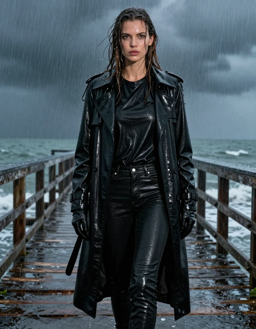 A hyper-realistic full-body shot of a young adult European woman with long, dripping wet brown hair, standing on a weathered wooden pier overlooking the ocean at night during a heavy rainstorm. She is wearing an oversized black leather polar neck shirt, black leather jeans that are heavy with water, a long black leather trench coat, and black leather gloves on both hands. Her skin is glistening with rain, and her black leather clothing is deeply soaked, exhibiting heavy wet folds, clinging texture, and intense glossy specular highlights reflecting the ambient night light. The fabric of the leather is darkened and saturated from the downpour. She is standing with a composed expression, rain cascading over her and the environment. The scene is captured with sharp focus, emphasizing the texture of the wet leather, the droplets clinging to her hair and skin, and the atmospheric mist of the rain-drenched pier. High-contrast cinematic lighting, 8k resolution, photorealistic detail, strictly non-nude, modest and fully clothed.