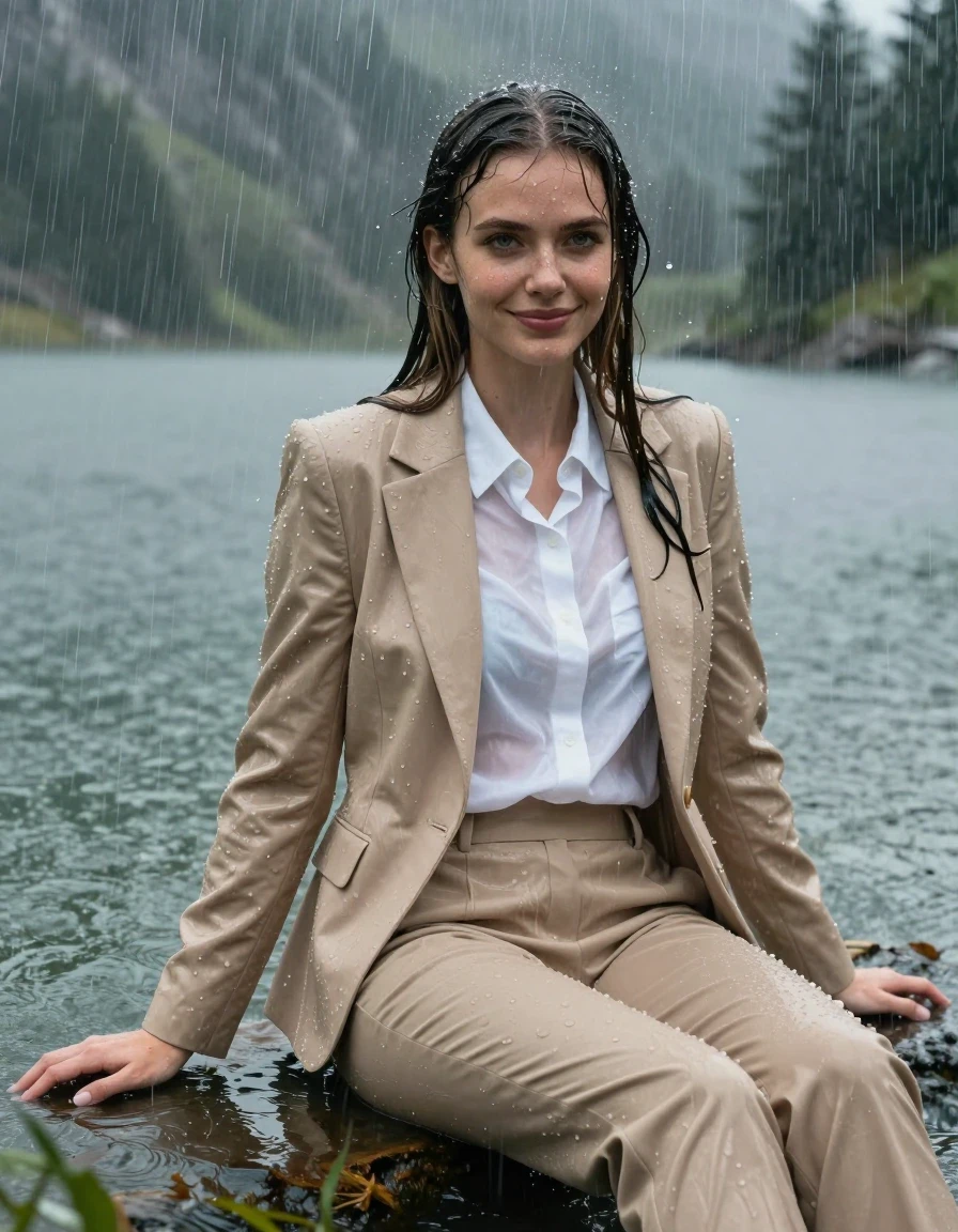 A stunning, photorealistic full-body shot of a young European woman with long layered hair in a side parting, sitting in the deep water of a mountain lake during a heavy rainstorm. She is fully clothed in a beige business suit, consisting of a tailored beige jacket over a crisp white button-down long-sleeve shirt and matching beige business suit trousers. The entire outfit is completely soaked, drenched, and heavy with water, the fabric clinging tightly to her skin and body, with the white shirt becoming translucent due to the intense saturation. Her skin is glistening with a wet sheen, hair plastered against her face, and her expression is a soft, gentle smile with open, clear eyes as she showers under the downpour. The scene is set in a dramatic, stormy mountain environment with rain creating ripples on the water's surface and a misty atmosphere. High-resolution 4k photography, sharp focus on the wet fabric textures, dark saturated patches on the beige clothing, cascading water droplets, dramatic natural lighting, cinematic composition emphasizing the wetlook aesthetic, hyper-realistic damp skin and clothing.