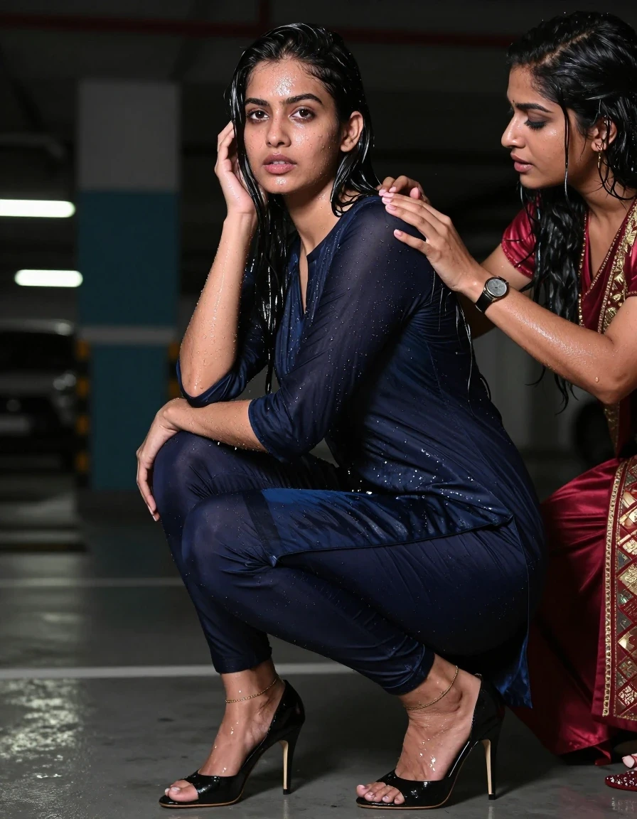 photo of young woman, in soaking wet, drenched clothes,
Stilletto heels, Leggings , Kurti,  car park,, Australian model, 
enjoying, wet clothes stuck to body,
detailed textures of the wet clothes, wet face, wet plastered hair,
wet, drenched, professional, high-quality details, full body view.
sharp focus, ultra-high pixel detail, realistic, high-quality, full colors, incredibly detailed, 4k, 8k, 16k, hyper-realistic, RAW photo, masterpiece, ultra-detailed, professionally color graded, professional photograph, watch,  straight silky hairstyle , side hair part,  plain hem, gold thin chain, another women in western revealing clothes  seduces the model, wet skin, wet clothes, damp fabric