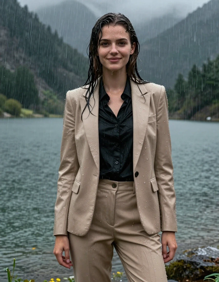 A stunning, full-body photorealistic portrait of a young European woman with a long layered cut and side-parted hair, standing in a mountain lake during a heavy rainstorm. She is wearing a beige business suit jacket over a black long-sleeve button-down shirt, paired with beige business suit trousers. The entire outfit is completely soaked, drenched, and heavy with water, with the fabric clinging tightly to her body and the black shirt becoming translucent from the saturation. Her skin is glistening with wetness, and her hair is plastered to her head and shoulders. She has an open-eyed, subtle, gentle smile. The environment features a dramatic, dark mountain lake under a torrential downpour, with heavy rain streaming down her skin and clothes. The lighting is moody and natural, emphasizing the glossy specular reflections on her wet skin and the deep, saturated, damp textures of the fabric. High resolution, 4k, hyper-realistic, cinematic composition.