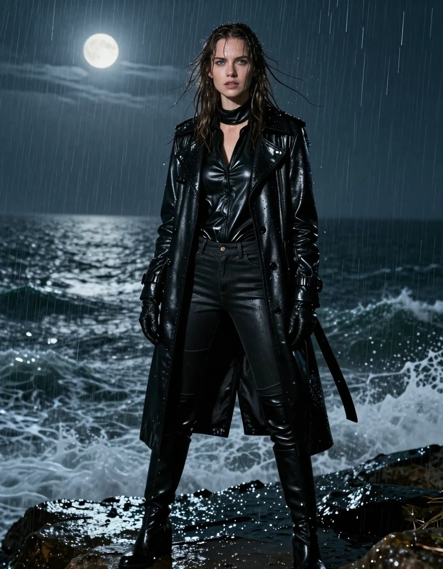 A stunning young adult European woman with long, dripping wet brown hair, standing on a desolate cliff overlooking a turbulent ocean at night during a heavy rainstorm. She is wearing a black leather trench coat over an oversize black leather polar neck shirt, black leather jeans, and black leather knee-high boots, with leather gloves on both hands. The woman's skin is slick and glistening with rainwater, and her clothes are visibly drenched, heavy, and clinging to her frame with dark, water-saturated patches and sharp, glossy specular highlights on the wet leather surfaces. The environment is dark and atmospheric, illuminated by cold, ambient moonlight reflecting off the wet rocks and the sheen of her soaked attire. Photorealistic, 8k, highly detailed textures, raindrops running down skin and fabric, cinematic lighting, sharp focus on the textures of the wet leather, no nudity, fully clothed.