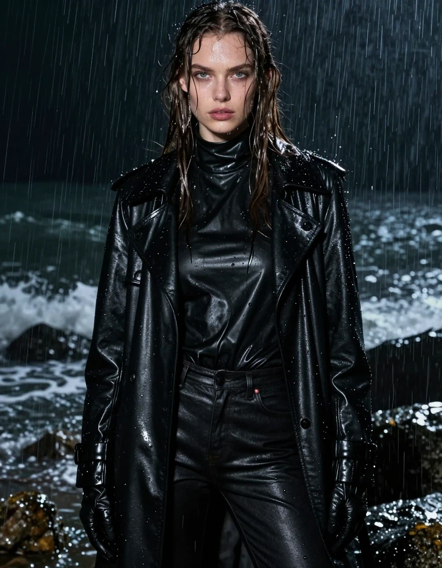 A photorealistic close-up of a young European woman with long, dripping wet brown hair, standing in a rocky ocean cove at night during heavy rain. She is drenched, with water cascading over her skin and soaking her layered black leather ensemble. She wears an oversized black leather polar neck shirt with a high collar, black leather jeans, a long black leather trench coat, and black leather gloves on both hands. The leather surfaces are heavily saturated, featuring a high-gloss wet sheen, deep dark tones, and realistic water droplets clinging to the texture. Her skin is glistening with moisture, reflecting the dim ambient light. The atmosphere is dark and stormy, with sea spray and heavy rain visible in the air. The composition is a tight close-up, emphasizing the texture of the wet leather, the weight of the soaked fabric, and the intense, glistening wetness of her hair and skin, ensuring a fully clothed, non-nude, high-detail cinematic capture.