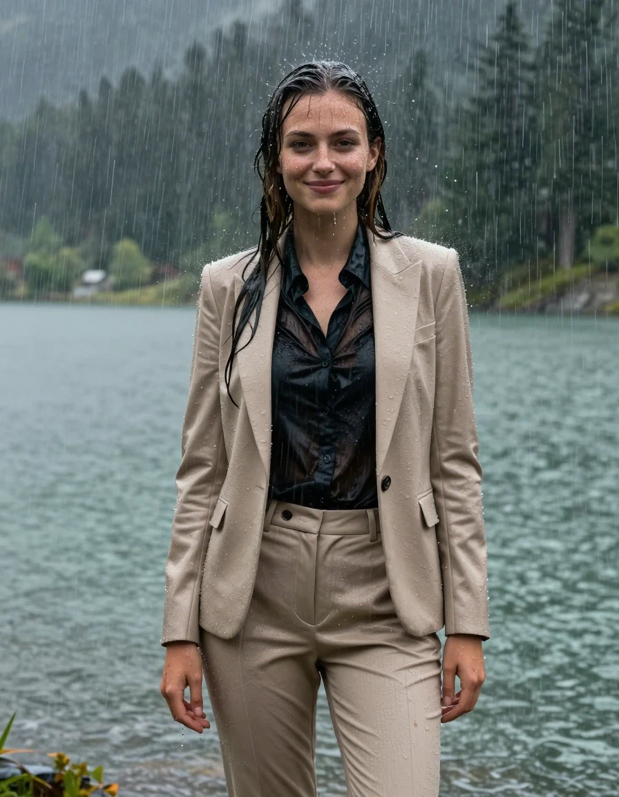 Full body shot of a young European woman with long layered hair in a side parting, standing in a mountain lake during a heavy rain storm. She is wearing a beige business suit jacket over a black button-down long-sleeve shirt, paired with matching beige business suit trousers. She is completely soaked and fully drenched, with the heavy rain making the fabrics damp, heavy, and clinging tightly to her body; the black shirt is rendered translucent from the saturation. Her skin is glistening with wetness, and her hair is wet and slicked down. She is smiling softly with open eyes, showering under the intense downpour. The environment is a moody mountain lake with turbulent water, heavy rain, and overcast lighting, creating strong specular highlights on her wet skin and the saturated clothing. 4k high resolution, realistic wetlook, photographic quality, cinematic lighting, dramatic atmosphere.