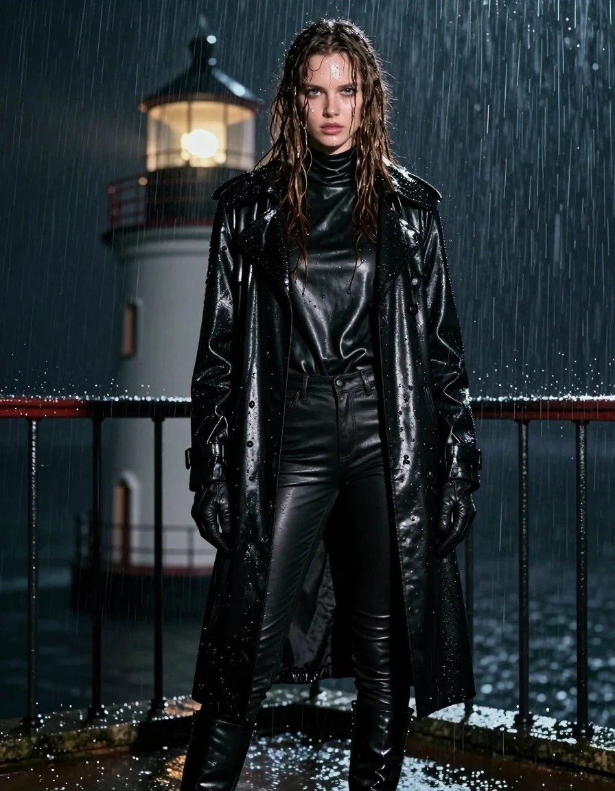 A photorealistic full-body shot of a young adult European woman standing at a lighthouse at night during a torrential downpour. She has long, dripping wet brown hair plastered against her face and shoulders, with beads of water running down her pale, drenched skin. She is wearing an oversize black leather polar neck shirt, a heavy black leather trench coat, tight black leather jeans, and black leather knee-high boots, with black leather gloves on both hands. All garments are visibly soaked, with the black leather appearing darkened, heavy with water, and exhibiting a high-gloss, reflective sheen from the rain and lighthouse beam. The fabric clings to her form, showing realistic weight, deep folds, and saturated, glistening surfaces. The setting is a rugged lighthouse balcony, dark and atmospheric, with heavy rain streaming through the air. The lighting is cinematic, capturing the intense specular highlights of the wet leather and the water droplets hitting her skin and clothing. The image is clean, focused on the subject, and contains no nudity.