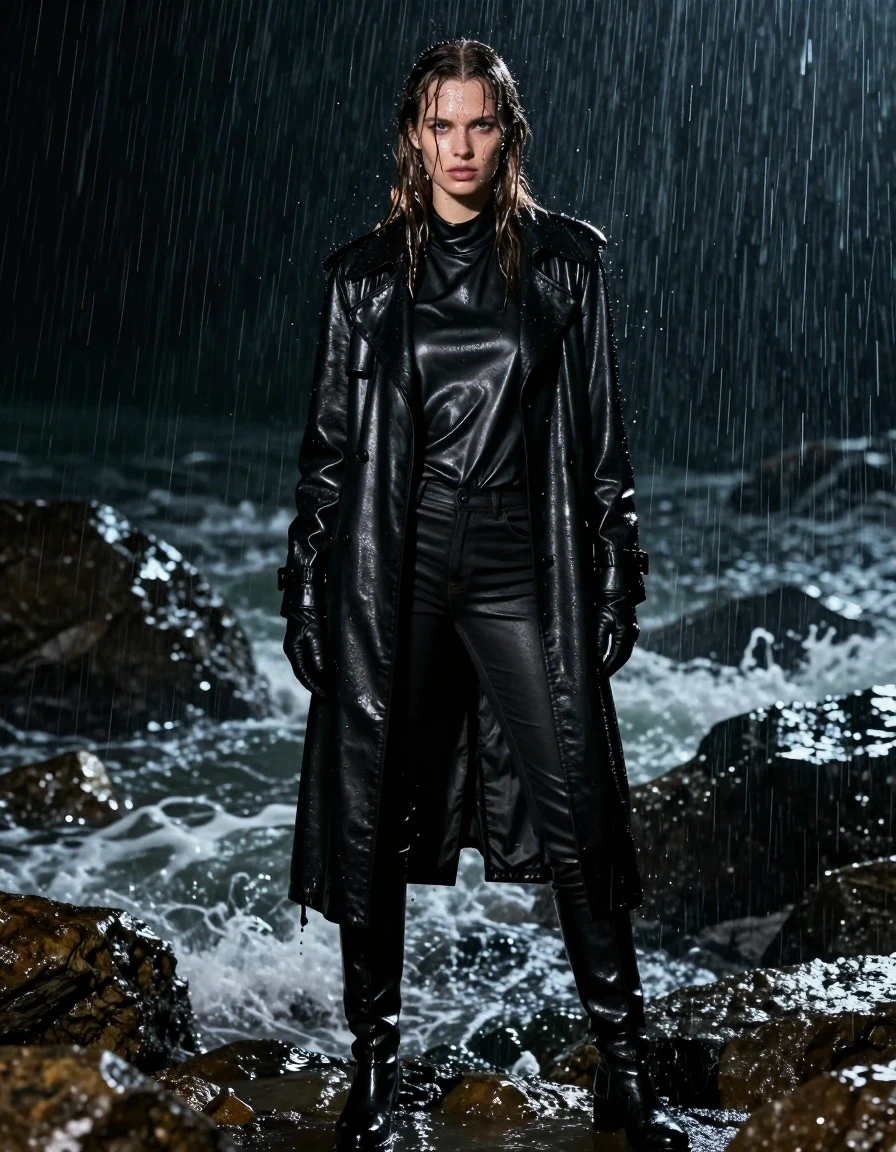 A photorealistic, full-body portrait of a young adult European woman standing in a secluded rocky ocean cove at night during a heavy rainstorm. She is drenched, with long brown hair slicked down and dripping with seawater, and her skin is covered in a glistening, wet sheen. She is wearing an oversized black leather polar neck shirt, a long black leather trench coat, black leather jeans, and black leather knee-high boots, with black leather gloves on both hands. The leather garments are heavily saturated, exhibiting deep, rich textures, heavy water-clinging folds, and bright, sharp specular highlights from the rain and surrounding ambient light. Water cascades and drips visibly off her clothes and hair. The environment is dark and atmospheric, with crashing waves nearby and rain falling intensely. The lighting is cinematic, capturing the reflective wet surfaces of the leather and skin against the moody, dark backdrop of the cove. High-resolution, sharp focus, hyper-realistic textures, non-nude, modest attire, fully clothed.