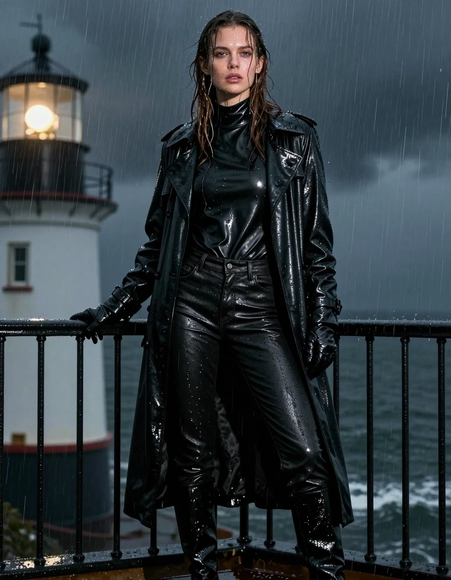 A photorealistic medium shot of a young adult European woman with long, dripping wet brown hair, standing at a lighthouse balcony during a dark, stormy night in heavy rain. Her skin is glistening with water, and her clothes are visibly soaked and clinging to her body. She is wearing an oversized black leather polar neck shirt, a long black leather trench coat, and black leather gloves on both hands. Her lower half is clad in tight black leather jeans, with the material appearing heavy, dark, and saturated with water, showing deep glossy sheen, water-sheen, and intricate folds where the leather clings to her legs. She is wearing black leather knee-high boots that are slick and reflective from the downpour. The atmosphere is moody and cinematic, with heavy rain streaks catching the faint light from the lighthouse beacon, creating strong specular highlights on her wet skin and the polished leather garments. High contrast, sharp focus, professional photography, realistic textures, wet look, no nudity, fully clothed, modest attire.