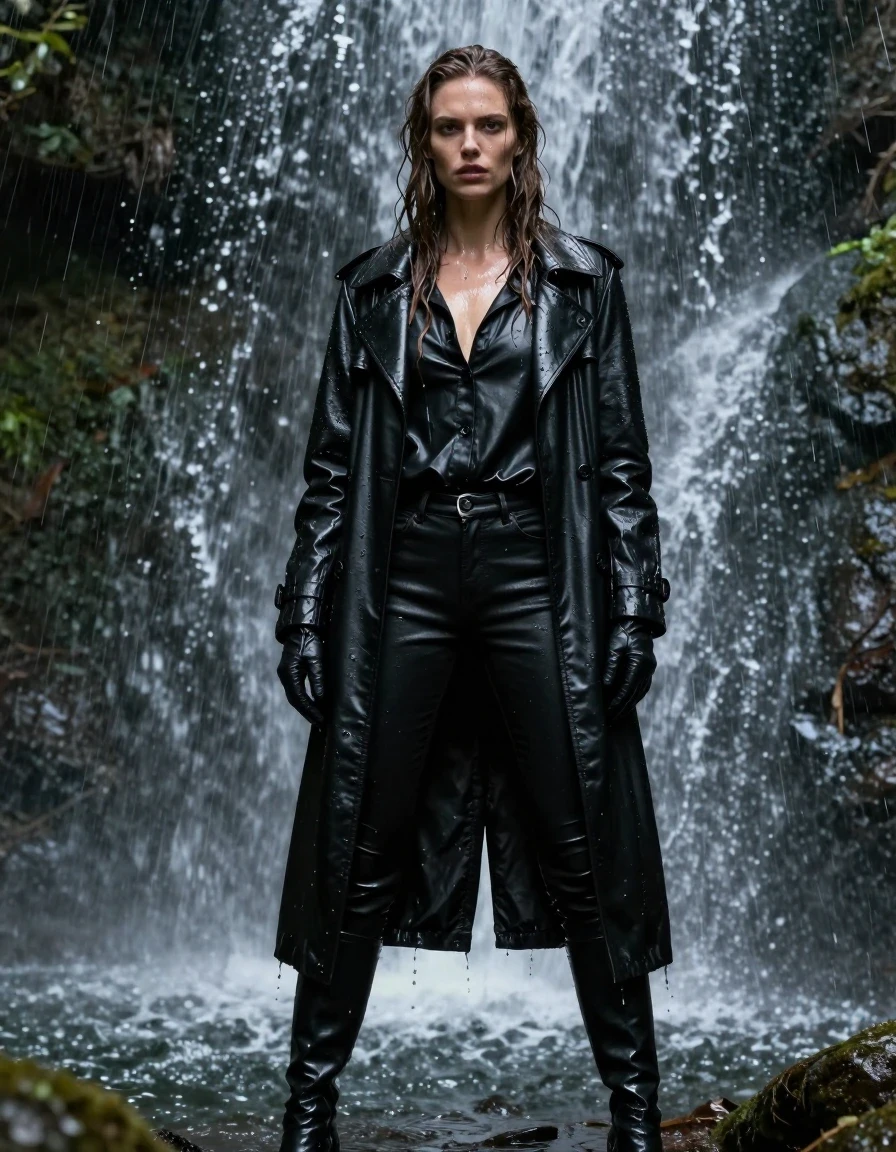 A photorealistic full-body shot of a young adult European woman with long, dripping wet brown hair, standing directly under a cascading forest waterfall. Her skin is glistening with water, and her expression is intense and focused. She is dressed in an oversized black leather polar neck shirt, black leather jeans, a long black leather trench coat, and black leather gloves on both hands, finished with black leather knee-high boots. All garments are visibly drenched, heavy with water, and clinging to her frame, exhibiting a deep, saturated black sheen and realistic wet-look textures with water streaming down the surfaces. The scene is set in a lush, misty forest environment with water splashing and dripping continuously over her. High-contrast natural lighting highlights the glossy, wet leather surfaces and the texture of the saturated clothing. Sharp focus, 8k resolution, cinematic composition, hyper-realistic water physics, professional photography, no nudity.