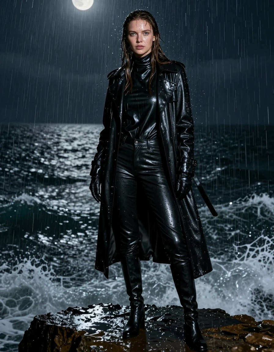 A stunning, photorealistic portrait of a young European woman with long, dripping wet brown hair, standing on a jagged cliff edge overlooking a dark, turbulent ocean at night. She is completely drenched by heavy, relentless rain. Her skin is glistening with water, and her clothing is heavily soaked and clinging to her form. She is wearing an oversize black leather polar neck shirt, a long black leather trench coat, tight black leather jeans, black leather knee-high boots, and matching black leather gloves on both hands. The leather garments are heavily saturated, showing deep, dark tones with intense glossy specular reflections, water rivulets running down the smooth surfaces, and heavy, realistic folds. The scene is illuminated by dim, moody moonlight reflecting off the wet surfaces and the churning sea below. High-contrast, cinematic lighting, hyper-detailed textures, water droplets splashing off fabric, realistic wet-look aesthetic, sharp focus, 8k resolution, professional photography, fully clothed, no nudity.