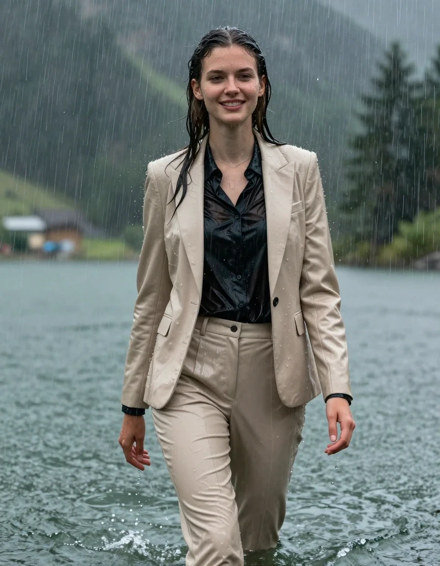 Full body shot of a young European woman with a long layered cut and side-parted hair, standing in deep water at a mountain lake during a torrential rain storm. She is fully clothed in a beige business suit, consisting of a tailored beige blazer over a black button-down long-sleeve shirt and beige business suit trousers. The clothing is completely soaked, heavy, and drenched, with the damp fabric clinging tightly to her body; the black shirt is rendered translucent from the saturation. Her skin is glistening with water, and her hair is wet and slicked. She has an open-eyed, light smile. The scene features heavy rain, with water cascading over her. Cinematic photography, 4k high resolution, hyper-realistic textures, visible water sheen on skin and fabric, dramatic lighting, intense atmosphere, sharp focus on the subject.