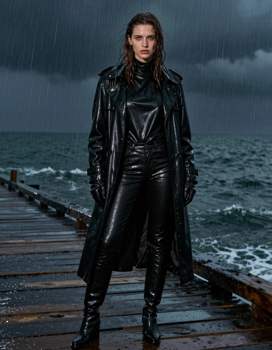 A hyper-realistic full-body shot of a young adult European woman with long, dripping wet brown hair, standing on a weathered wooden pier overlooking the ocean at night during a heavy rainstorm. She is wearing an oversized black leather polar neck shirt, black leather jeans that are heavy with water and clinging to her legs, a long black leather trench coat, and black leather gloves on both hands. She is wearing black leather knee-high boots. Her skin is glistening with rain, and her clothing is drenched, showing dark, heavy folds and a high-sheen wet texture. The scene is illuminated by dim, moody ambient light reflecting off the wet wooden planks and the dark ocean surface, emphasizing the deep, saturated black tones of the leather garments and the slick, water-soaked surfaces. The atmosphere is cold and intense, captured with a sharp, high-resolution photographic aesthetic, focusing on the realistic textures of wet leather and damp skin, ensuring complete coverage and no nudity.