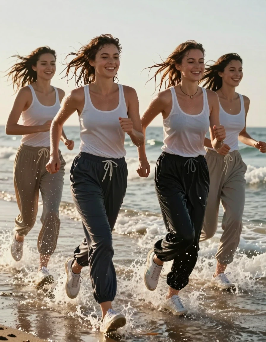 A high-resolution, photorealistic action shot of four young adult European women jogging energetically through the shallow surf at a scenic beach. The women are wearing 80s-style long jogging pants and light-colored tops, paired with white sneakers. They are completely drenched by the crashing waves, with their hair and skin glistening with water and droplets. Their clothing is heavily soaked, clinging to their bodies, with the fabric darkened and showing realistic wet textures, heavy folds, and water-saturated weight. The women have joyful, sexy expressions, clearly enjoying the experience of getting soaked by the ocean water. The scene is captured with a dynamic wide-angle lens, low-angle perspective to emphasize the splashing waves and the movement of the joggers. Bright, natural golden hour sunlight creates strong specular reflections on the wet surfaces of their skin and clothes, highlighting the intricate textures of the wet fabric. Sharp focus, cinematic lighting, 8k resolution, highly detailed skin pores and water droplets.