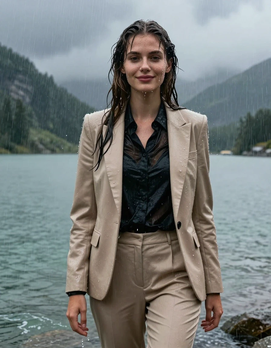 A stunning, photorealistic full-body portrait of a young European woman with a long layered haircut and elegant side parting, standing in the deep, cold water of a mountain lake during a torrential rainstorm. She is wearing a beige business suit jacket over a black button-down long-sleeve shirt and matching beige business suit trousers. Every garment is completely soaked, heavy with water, and clinging tightly to her body; the fabric is deeply saturated and darkened, with the black shirt becoming translucent where it adheres to her skin. Her skin and hair are glistening and drenched, with water streaming down her face and body. She is smiling softly with open, expressive eyes, fully immersed in the heavy downpour. The scene is captured in 4k high resolution, emphasizing the realistic wetlook, the heavy texture of the damp fabric, and the dramatic, moody atmosphere of the mountain lake environment under the storm clouds, with sharp focus and cinematic lighting.