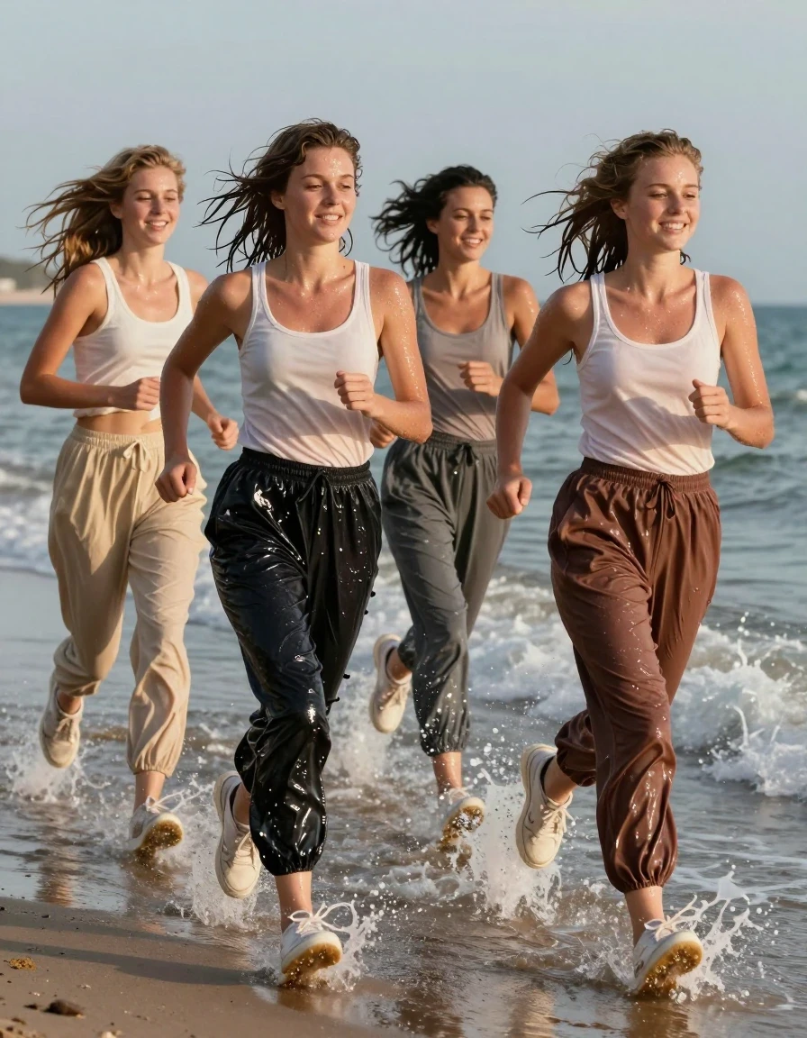 A cinematic, photorealistic wide shot of four young adult European women jogging along a sandy beach shoreline, actively running through shallow crashing ocean waves. The women are wearing 80s-style long jogging pants and light-colored tops, paired with white sneakers. The fabric of their clothing is visibly soaking wet, saturated with seawater, clinging to their bodies with heavy, dark, water-logged folds and translucent patches where the fabric is drenched. Their skin is glistening with a wet sheen, and their hair is damp, matted, and dripping. The women have joyful, expressive faces, clearly enjoying the sensation of getting soaked by the surf. The scene captures the dynamic motion of splashing water, high-contrast specular reflections on their wet skin and clothing, and the heavy texture of wet fabric. Natural golden hour lighting, sharp focus on the subjects, realistic water spray, high-resolution photography, 8k, detailed textures.