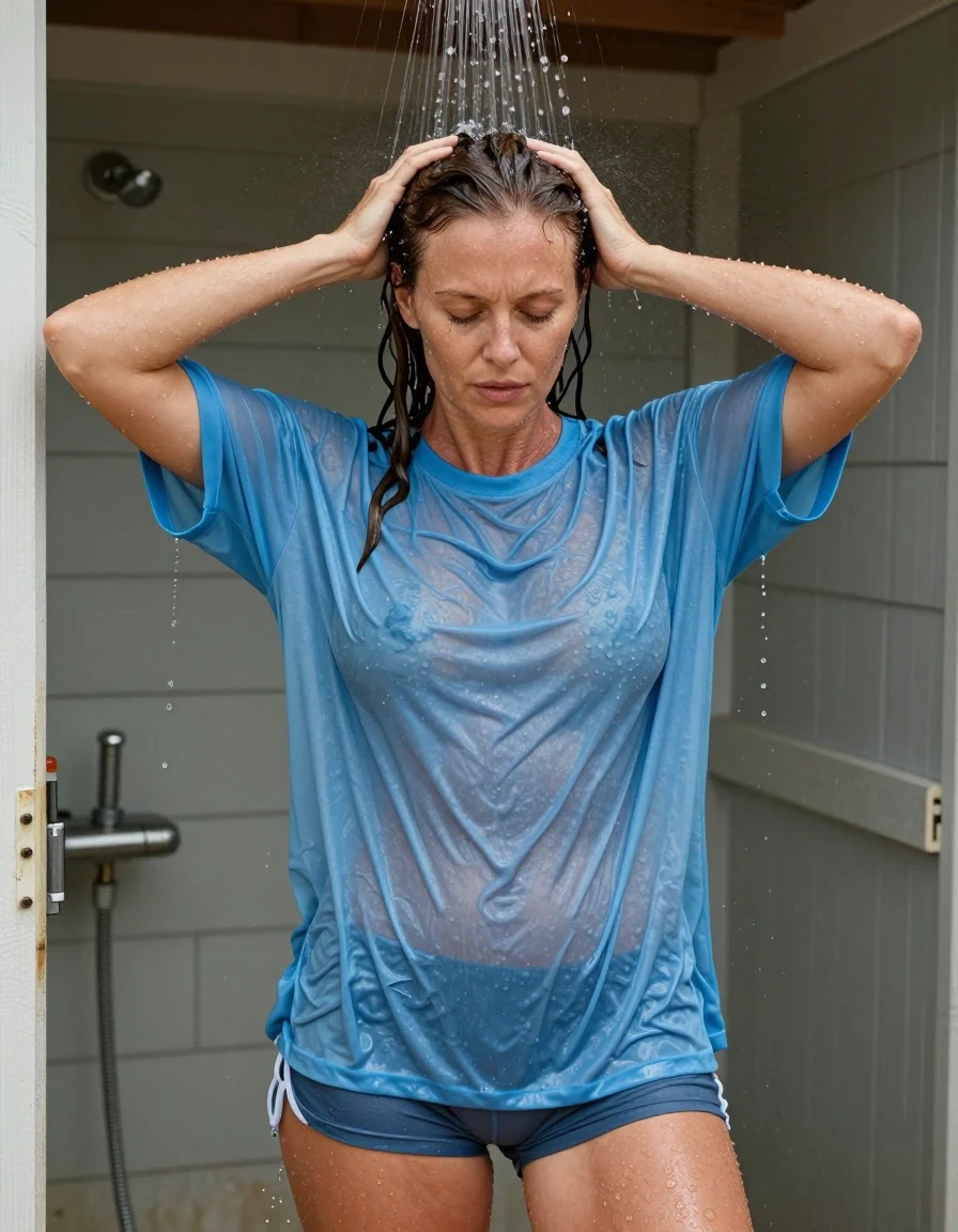 A photorealistic medium shot of a fit mid-30s European woman with chestnut hair, standing directly under an outdoor shower at a beach cottage. Her hair is thoroughly drenched and slicked back, with water actively cascading off her strands as she uses her hands to smooth the wet hair away from her face. She is topless underneath an oversized, light blue t-shirt that is completely saturated, clinging to her skin and becoming form-fitting due to the water. She wears extra short athletic shorts and simple flip-flops. Water spray is actively landing on the crown of her head, creating a constant sheen of moisture on her skin and fabric. The lighting is bright and natural, highlighting the dripping water and the deep, saturated color of the soaked clothing. High-detail textures, realistic water physics, droplets clinging to skin, heavy wet fabric folds, 8k resolution, cinematic photography.