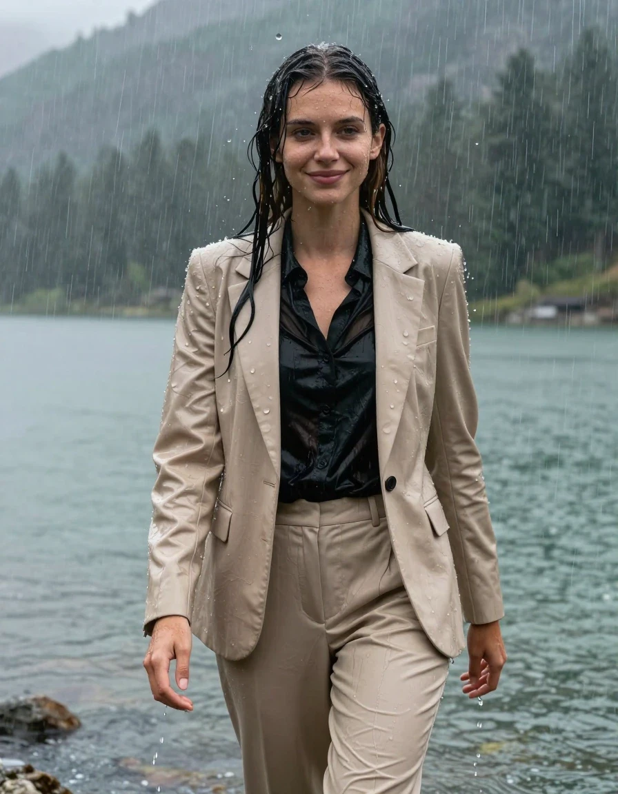 A young European woman with a long layered cut and side-parted hair, standing in deep water at a mountain lake during a heavy rainstorm. She is wearing a fully soaked beige business suit jacket over a black button-down long-sleeve shirt, paired with beige business suit trousers. The clothes are completely drenched, clinging to her body with heavy, damp fabric textures, and the fabric of the shirt is rendered translucent from the saturation. Her skin is wet with a visible water sheen, and she is smiling slightly with open eyes while being showered by the heavy rain. The scene is captured in a full-body view, emphasizing the wetlook aesthetic where the fabric is significantly darkened and saturated by the downpour. Photorealistic, 4k high resolution, cinematic lighting, dramatic weather atmosphere, sharp details on wet skin and clinging, heavy, water-laden clothing.