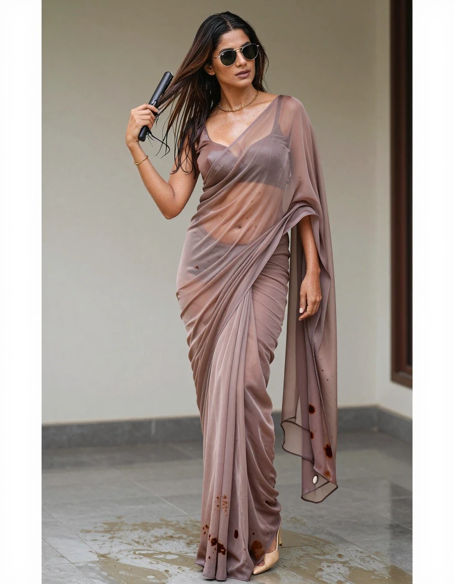 A photorealistic medium shot of a 20-year-old Australian woman with a straight, silky hairstyle, styled with a defined side part. She is wearing a single-color, smooth transparent chiffon salwar and blouse, paired with a matching single-color saree with an open pallu, accessorized with a thin gold chain and Meta Ray-Ban sunglasses. Her feet are adorned with sharp stiletto heels. She is captured in a portico, actively styling her hair with a hair straightener. The scene features wet skin and wet hair, with the transparent chiffon fabric clinging to her body, showing darker soaked patches, heavy wet folds, and a realistic water sheen, emphasizing the texture of the fabric. The composition focuses on her elegant pose, with a clean aesthetic avoiding jeans, cleavage, bathrooms, hair buns, and earrings. High-resolution photography, natural lighting, sharp focus on the metallic sheen of the sunglasses and the silky movement of her hair.