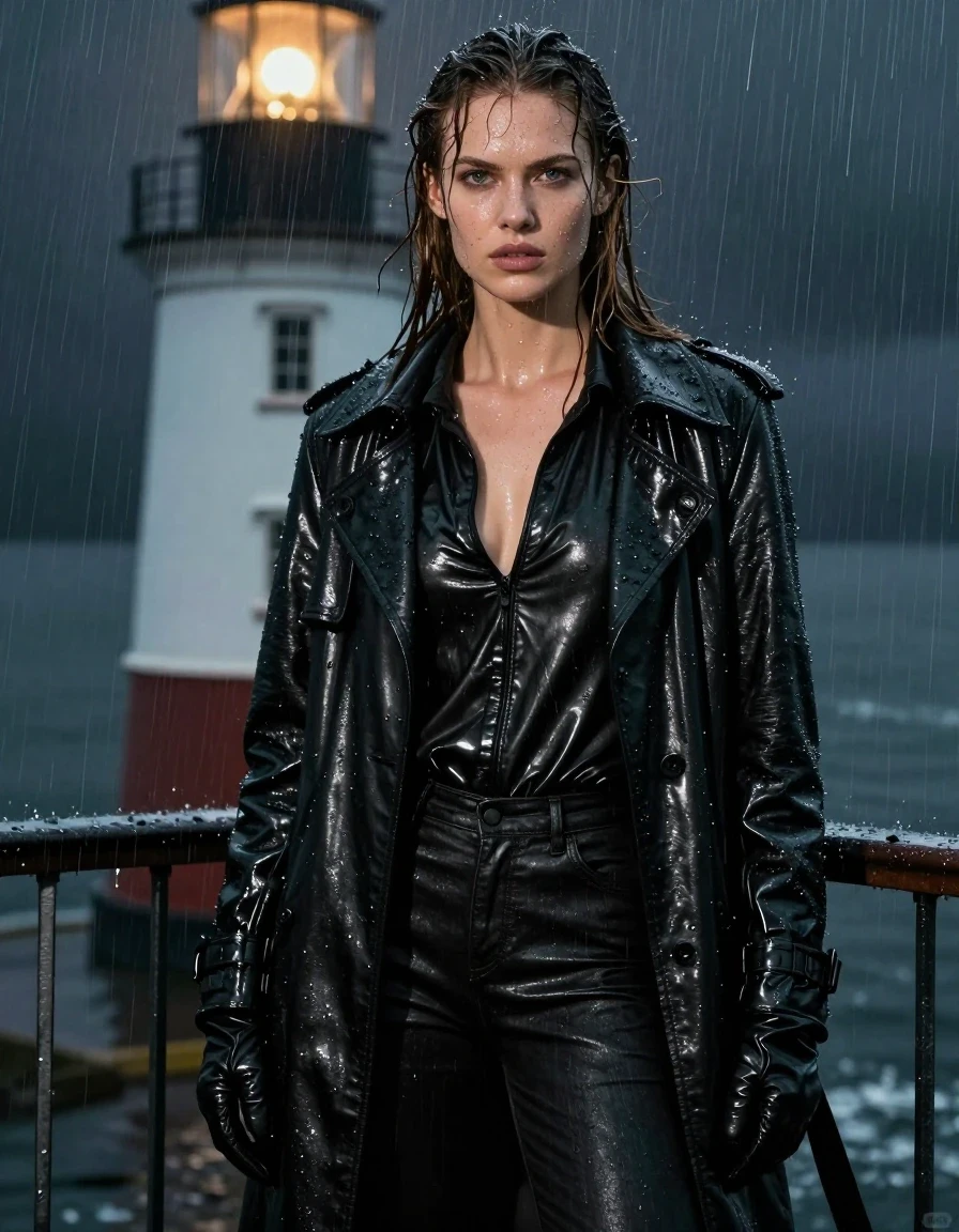 A photorealistic full-body portrait of a young adult European woman with long, dripping wet brown hair, standing at a lighthouse balcony at night during a heavy rainstorm. Her skin is glistening with rainwater, and she is wearing an oversize black leather polar neck shirt, black leather gloves, a long black leather trench coat, and tight black leather jeans. All leather garments are heavily drenched, exhibiting deep, rich textures, water-saturated surfaces, heavy clinging folds, and intense glossy specular reflections from the rain. The fabric appears darker and heavier due to the downpour, with water cascading off the leather surfaces. The environment is dark and atmospheric, with the lighthouse light casting dramatic highlights on the wet textures. High-resolution, cinematic lighting, hyper-detailed skin and fabric textures, realistic water droplets, sharp focus, professional photography.