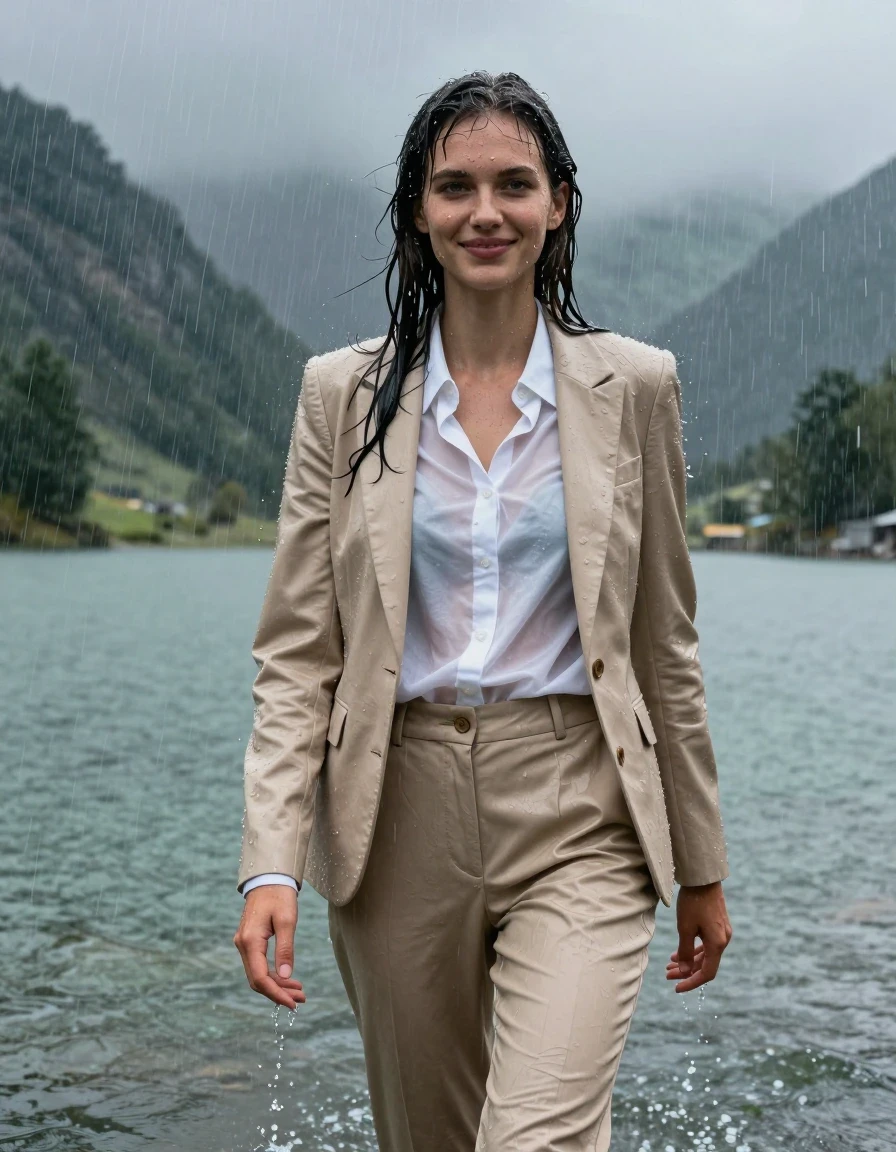A full-body photorealistic shot of a young European woman with a long layered haircut and side-parted hair, standing in the deep, murky water of a mountain lake during a violent rainstorm. She is wearing a beige business suit jacket over a white button-down long-sleeve shirt and matching beige business suit trousers. The entire outfit is completely soaked, heavy, and drenched; the fabric is damp and clinging tightly to her body, with the white shirt becoming translucent against her skin. Her skin is wet with a visible water sheen, and her hair is plastered to her face. She is smiling slightly with open eyes, looking directly ahead while being showered by heavy, driving rain. The scene is set in a rugged mountain lake environment with a stormy, overcast sky. The lighting is cold and diffuse, highlighting the glossy, wet textures of her clothes and skin, the saturated color of the beige fabric, and the heavy water-laden folds of the garments. 4k high resolution, cinematic photography, sharp focus, highly detailed wet look, realistic rain effects, atmospheric depth.