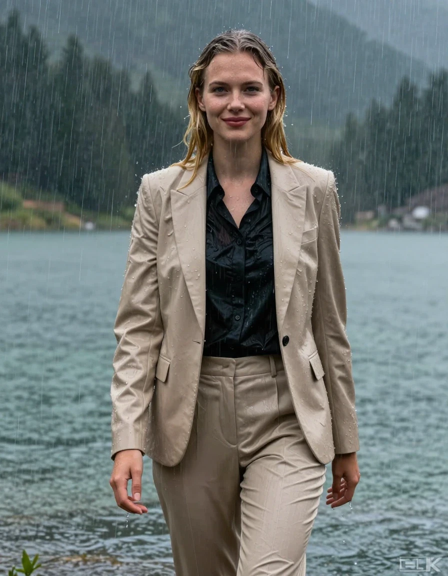 A full-body shot of a young European woman with long layered blonde hair in a side parting, standing in the deep water of a mountain lake during a torrential rainstorm. She is wearing a beige business suit jacket over a black button-down long-sleeve shirt and matching beige business suit trousers. The clothing is completely soaked, heavy with water, and clinging tightly to her body, with the beige fabric darkening significantly and the black shirt becoming translucent from the drenching rain. She has a subtle, gentle smile, open eyes, and her skin and hair are glistening with a realistic wet sheen. The atmosphere is defined by heavy rain, with visible water droplets and a moody, storm-tossed mountain lake environment. The fabric of the suit shows visible dampness, deep folds, and clinging texture, capturing the realistic look of heavy, water-logged professional attire. 4k resolution, photorealistic, high-contrast lighting, intense wetlook detail.