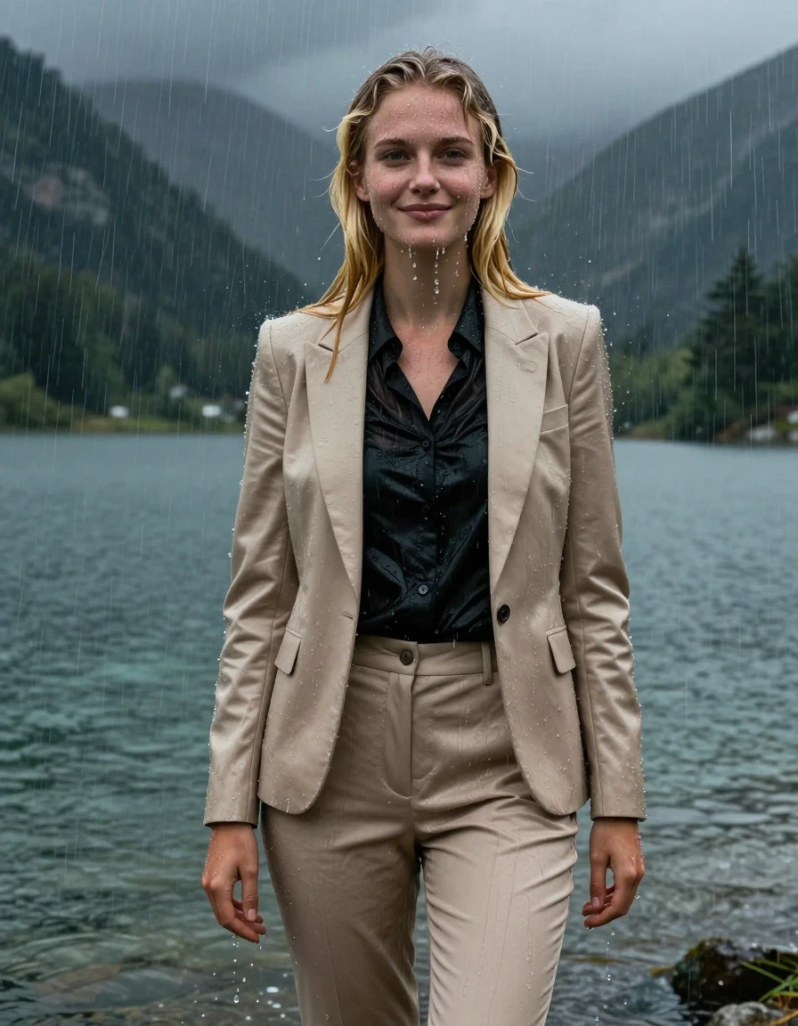 A stunning, full-body photorealistic portrait of a young European woman with long, layered blonde hair in a side parting, standing in the middle of a deep mountain lake during a torrential rainstorm. She is wearing a complete beige business suit, consisting of a tailored beige jacket over a black button-down long-sleeve shirt and matching beige business suit trousers. The woman is completely soaked and drenched, with water cascading down her face and body; her skin is glistening with a realistic wet sheen. The beige fabric of the suit is heavily saturated, darkened by the water, clinging tightly to her frame, with the fabric of the black shirt becoming noticeably translucent where it clings to her skin. She is smiling softly with her eyes wide open, fully immersed in the heavy rain. The environment features a dramatic, moody mountain lake under a storm-darkened sky, with visible rain streaks and water splashing around her. High-resolution 4k photography, sharp focus, cinematic lighting, realistic damp fabric textures, heavy wet folds, and detailed water reflections on every surface.