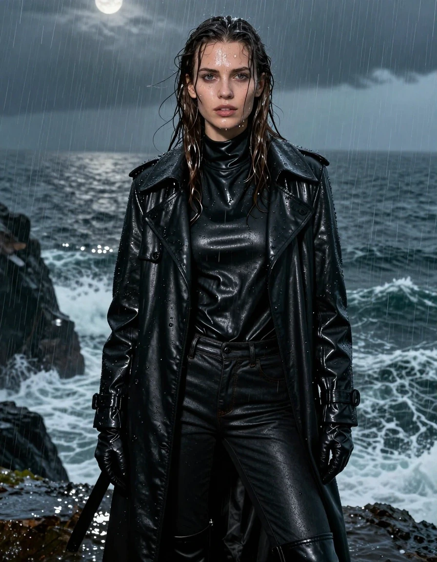 A close-up portrait of a young adult European woman with long, dripping wet brown hair, standing on a jagged cliff overlooking a turbulent ocean at night during a heavy rainstorm. She is wearing an oversize black leather polar neck shirt, a heavy black leather trench coat, black leather jeans, and black leather gloves on both hands, with black leather knee-high boots visible. Every garment is drenched, featuring heavy wet folds, water sheen, and a dark, saturated appearance that clings to her frame. Her skin is glistening with rain, with water droplets cascading down her face and neck. The lighting is moody and atmospheric, provided by moonlight reflecting off the wet surfaces and the churning sea below. The scene is captured with sharp focus on her features and the intricate texture of the soaked leather, emphasizing the realistic weight and glossy specular highlights of the wet fabric. High-resolution, cinematic, photorealistic, no nudity, fully clothed, modest attire.
