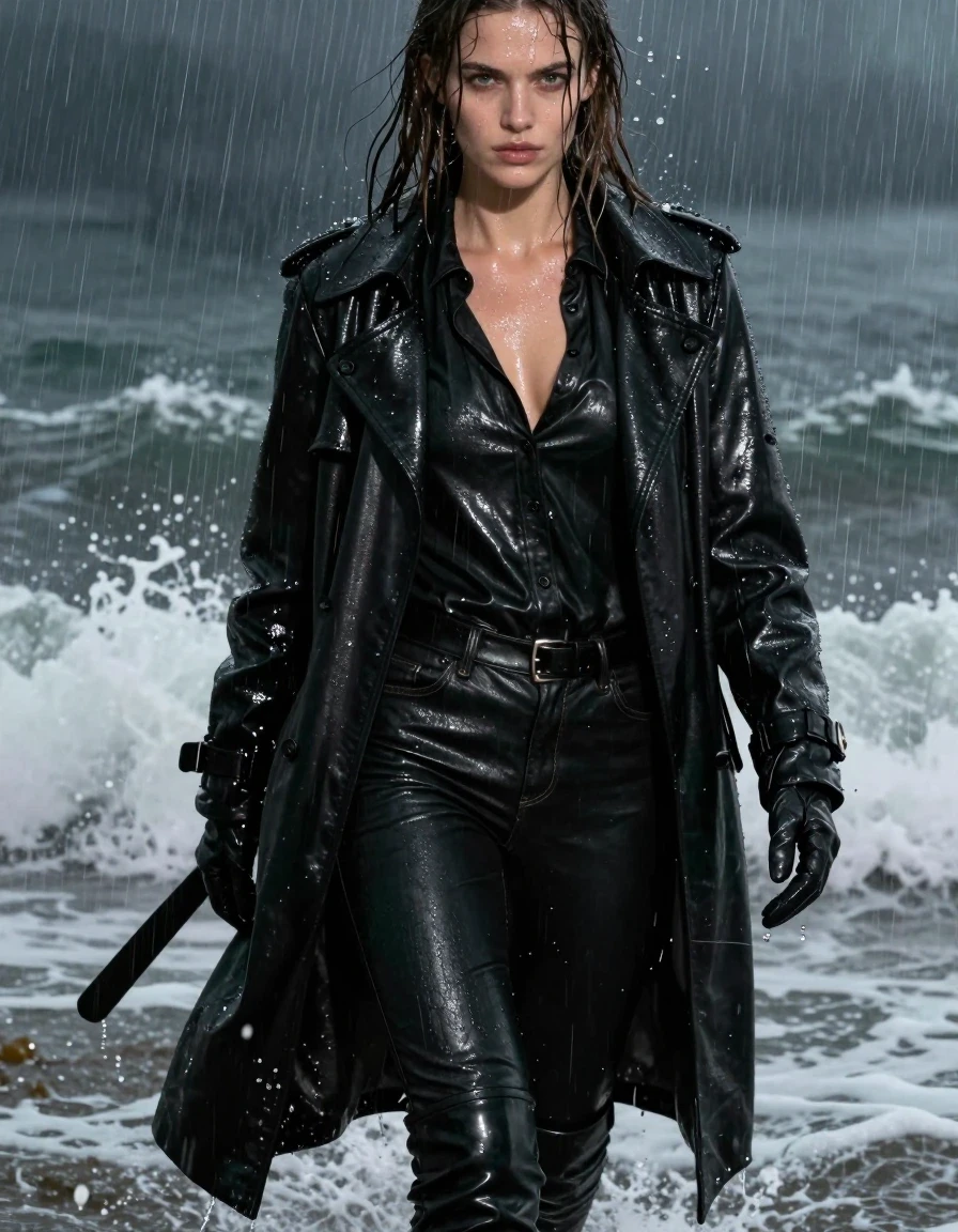 A close-up cinematic shot of a young adult European woman with long, dripping wet brown hair and glistening wet skin, standing amidst crashing ocean waves at night during a heavy rainstorm. She is wearing an oversize black leather polar neck shirt, a heavy black leather trench coat, black leather jeans, and black leather knee-high boots, with leather gloves on both hands. The leather garments are heavily drenched, featuring deep, dark tones, visible water sheen, heavy folds, and realistic water runoff. The scene is captured in high-detail photorealism, emphasizing the texture of the saturated leather, the clinging fabric, and the chaotic movement of ocean spray and rain. The lighting is moody and dramatic, catching the specular highlights on the wet surfaces of her skin and clothing. The image is strictly non-nude, focusing on the atmospheric intensity of the storm and the interplay of water on the leather textures.